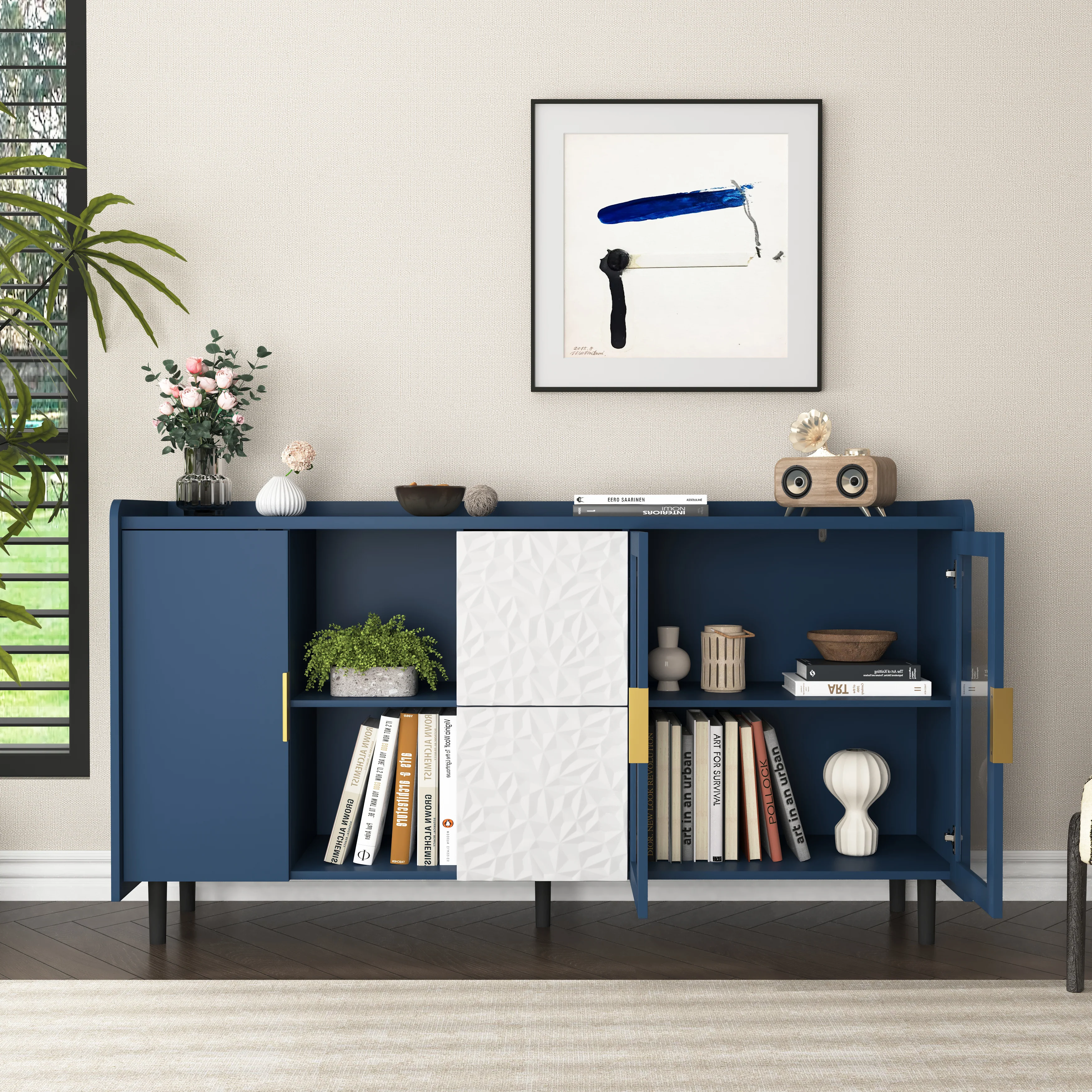 Pantry Cabinet 55-inch 2 Drawers 2 Glass Doors - Blue - Image 4