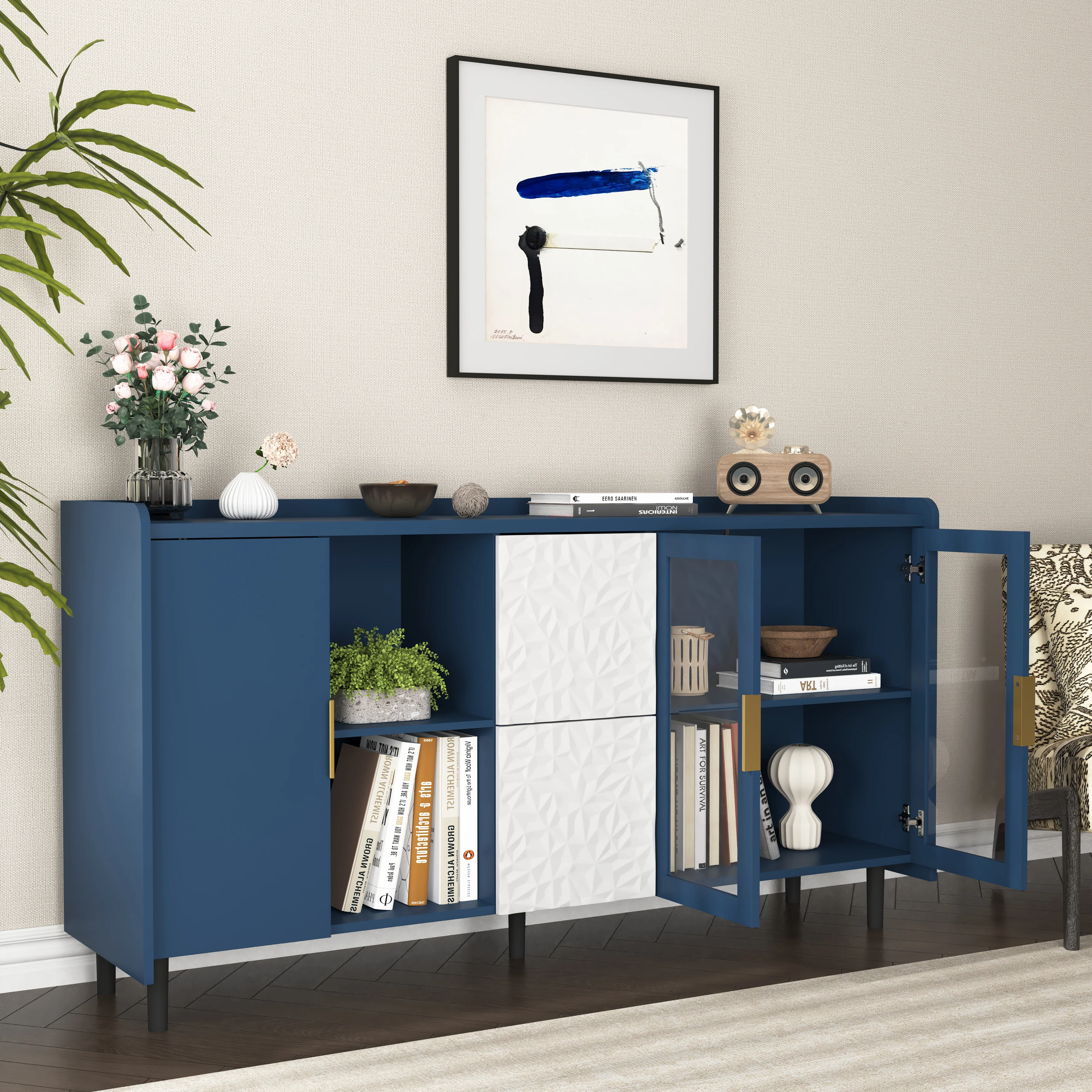 Pantry Cabinet 55-inch 2 Drawers 2 Glass Doors - Blue - Image 5