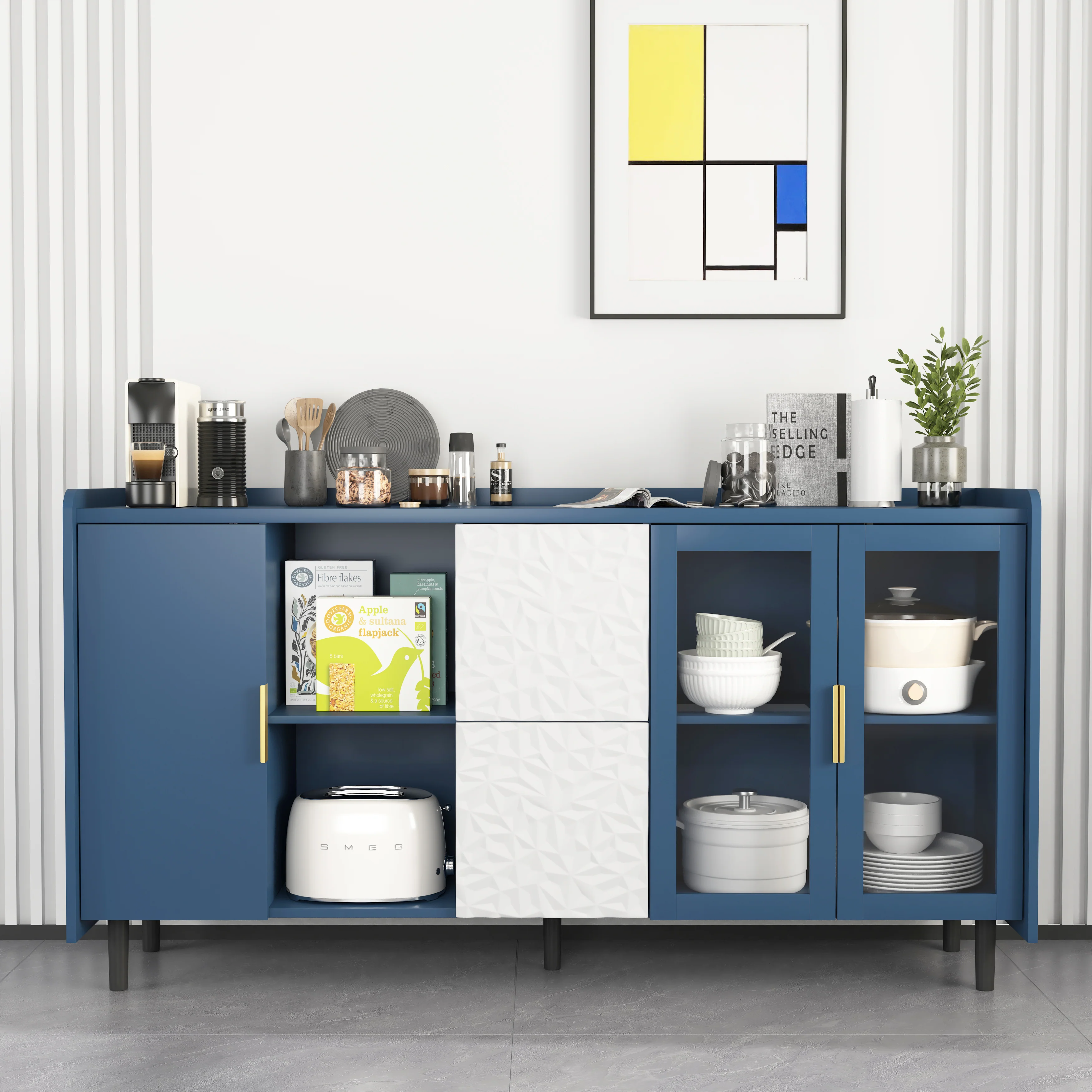 Pantry Cabinet 55-inch 2 Drawers 2 Glass Doors - Blue - Image 6