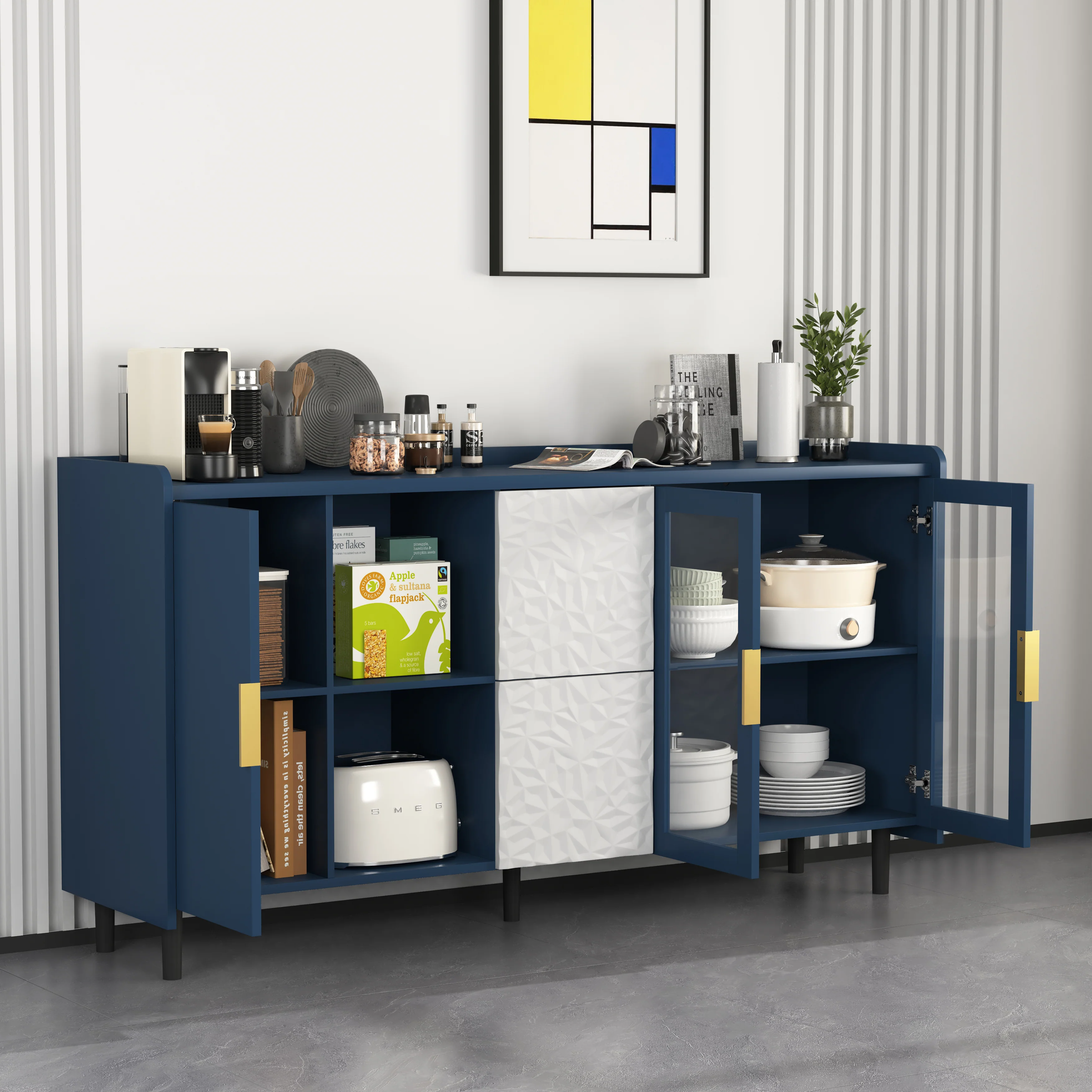 Pantry Cabinet 55-inch 2 Drawers 2 Glass Doors - Blue - Image 8