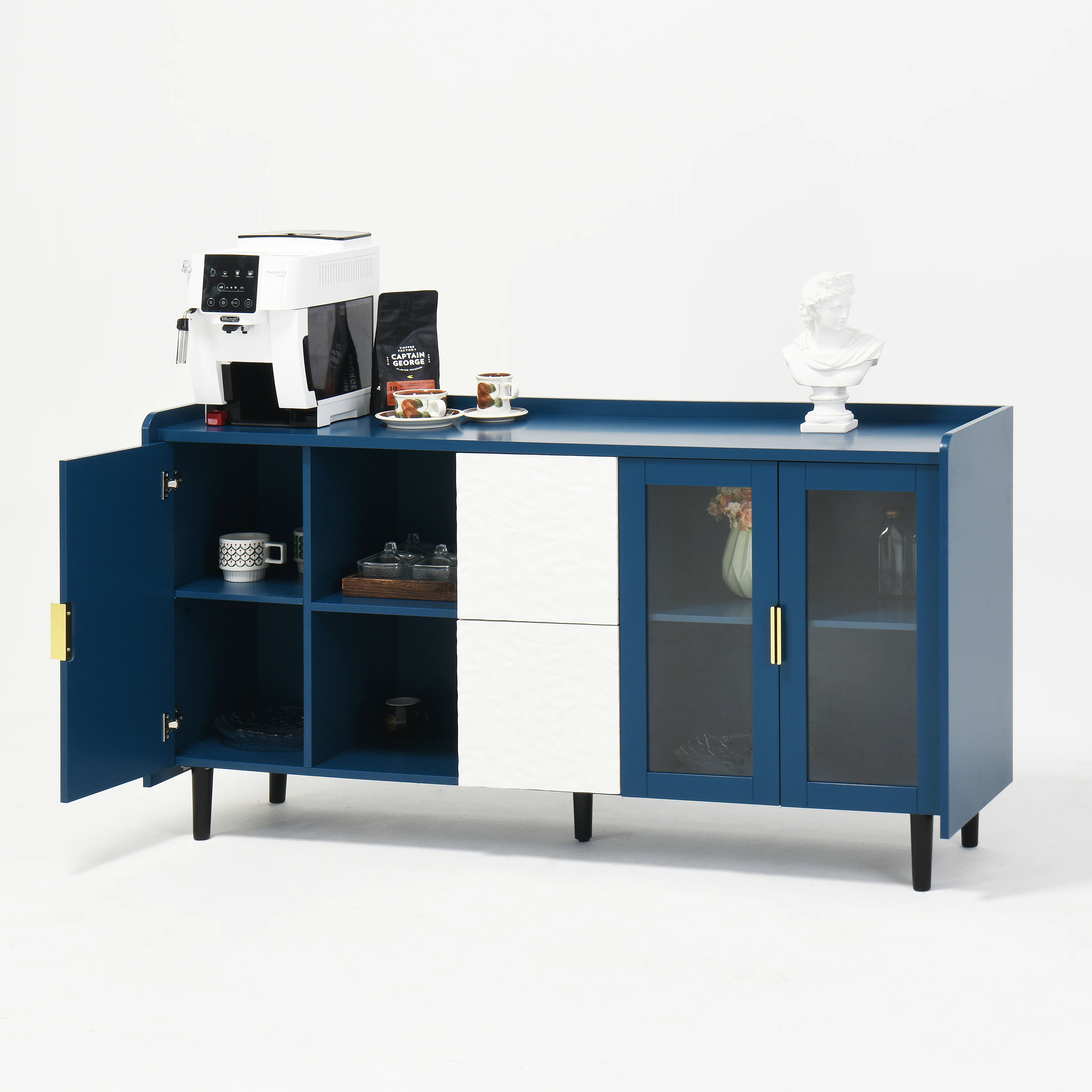 Pantry Cabinet 55-inch 2 Drawers 2 Glass Doors - Blue - Image 9