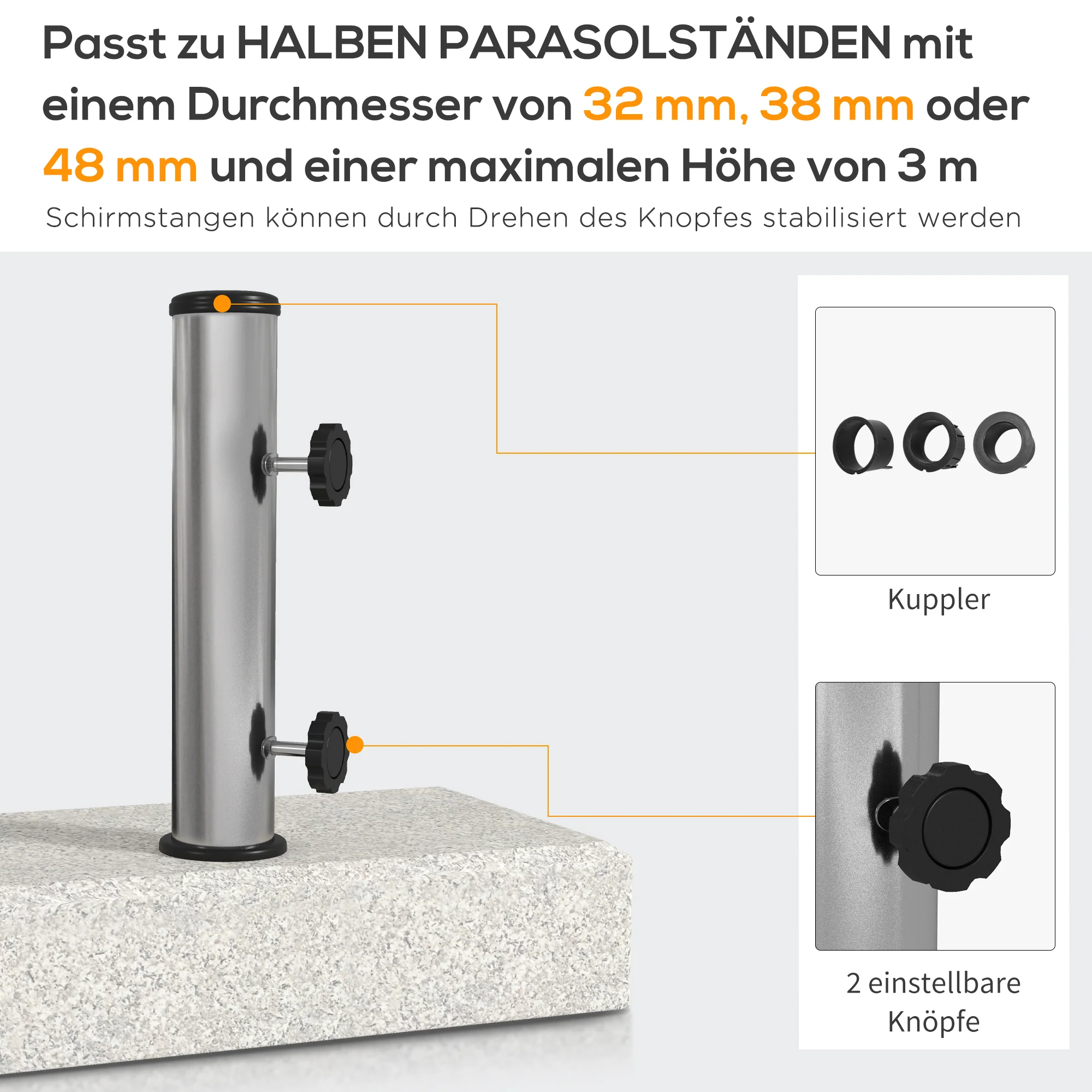 Parasol Base 25kg Semi-Circular Stand for 32/38/48mm Pole Garden/Balcony Granite Grey - Image 4