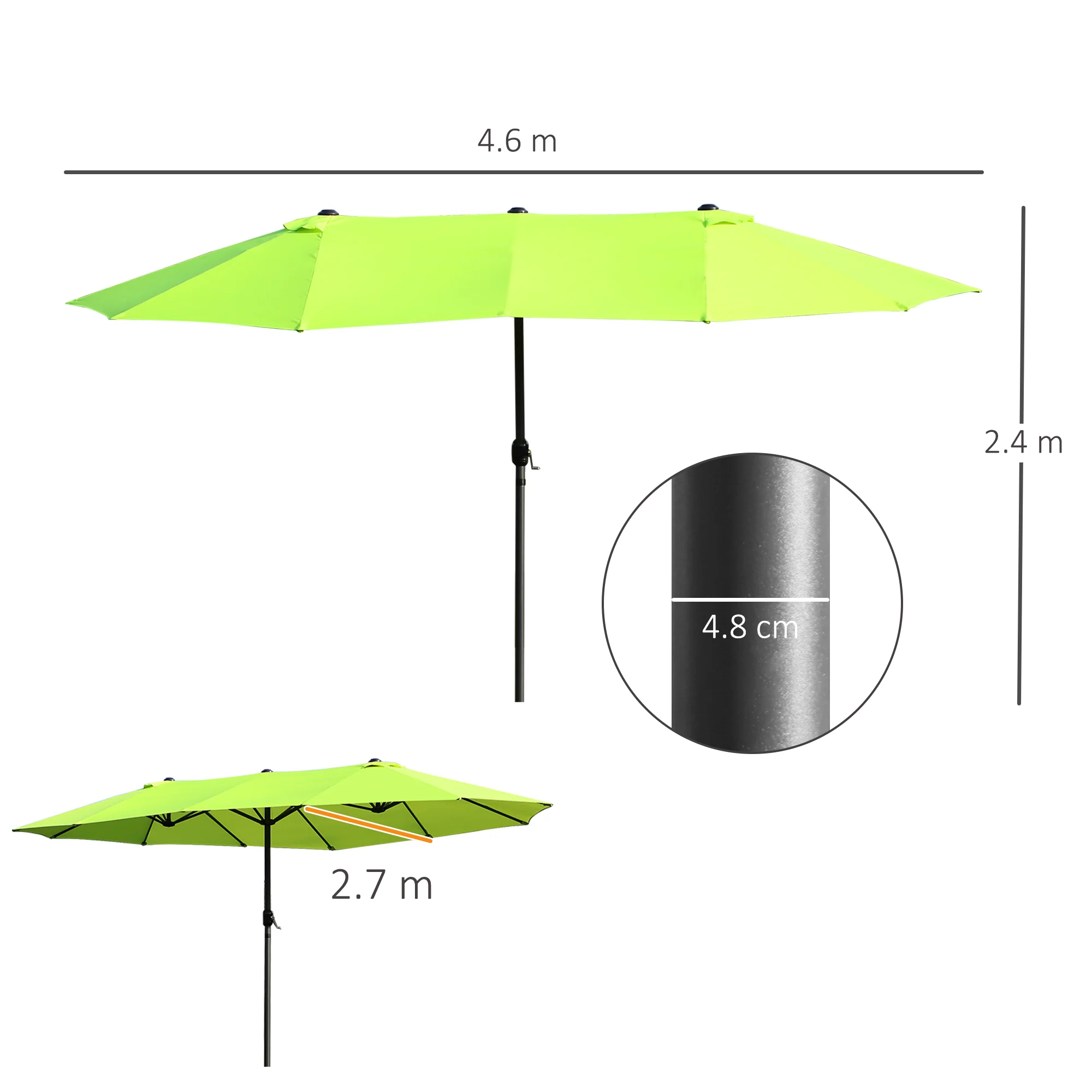 parasol garden umbrella 460 x 270cm oval with hand crank double, green - Image 3