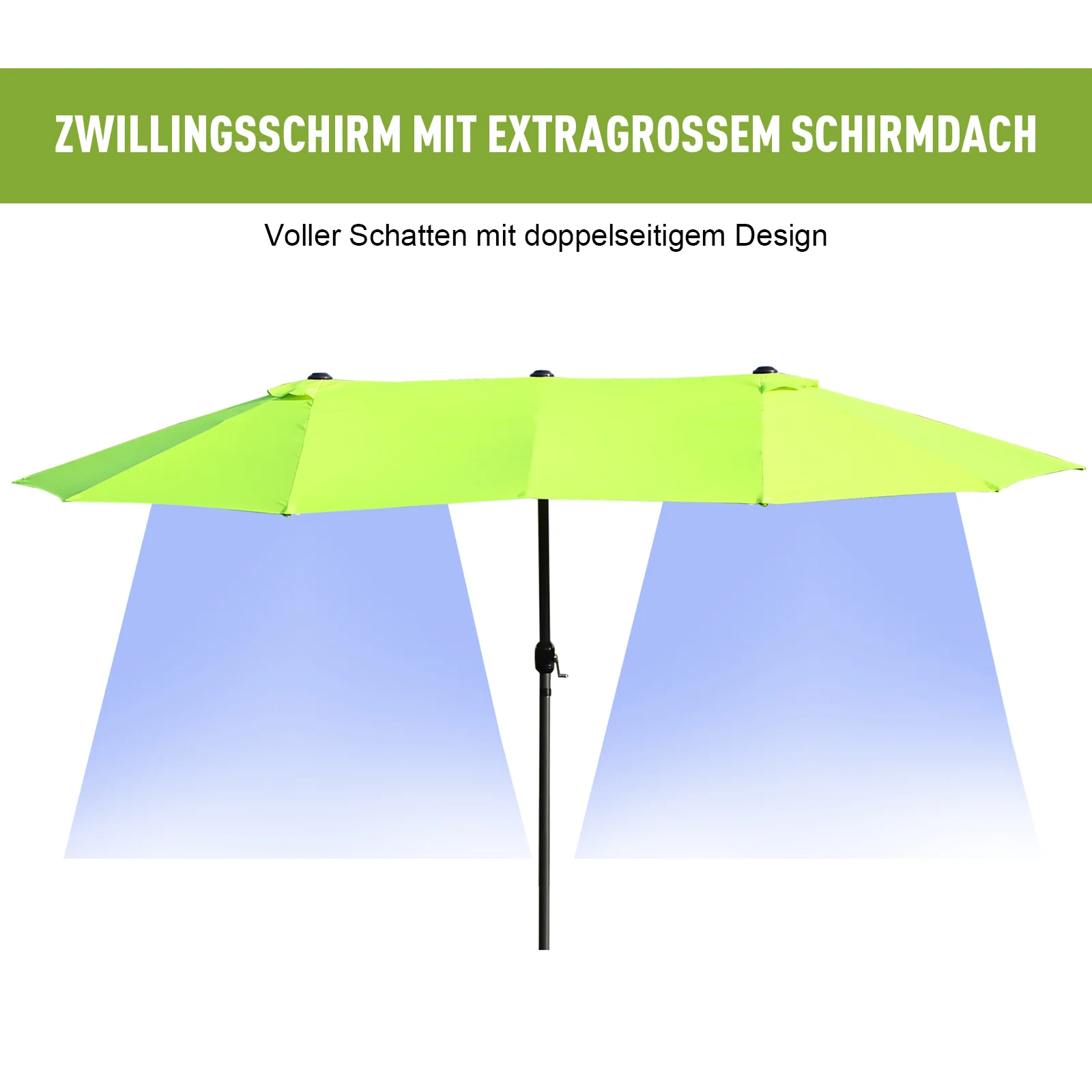 parasol garden umbrella 460 x 270cm oval with hand crank double, green - Image 4