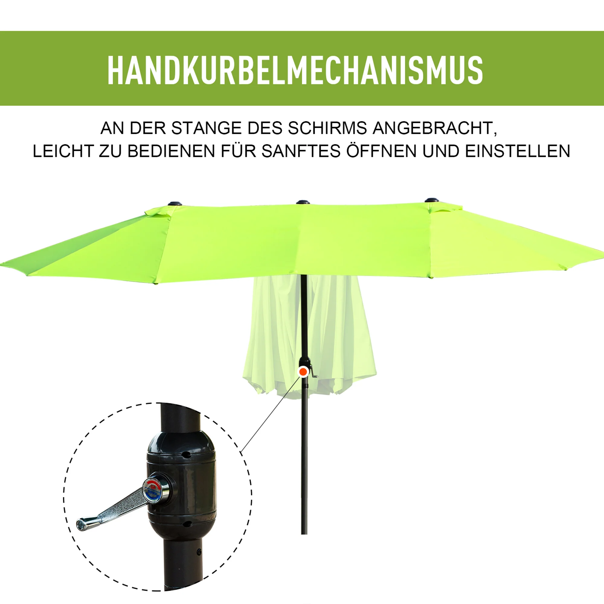 parasol garden umbrella 460 x 270cm oval with hand crank double, green - Image 5