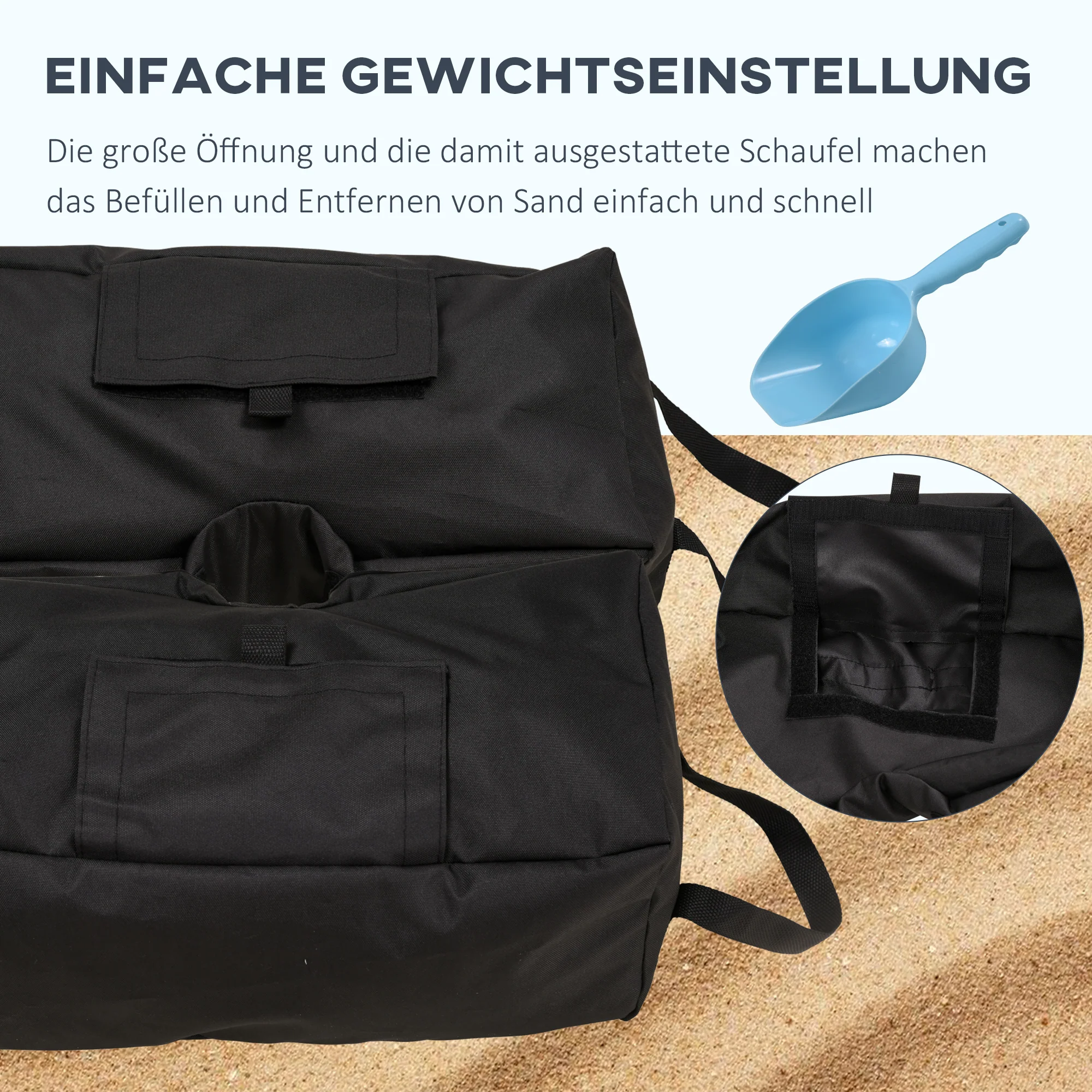 Parasol Stand Sandbag, 2x 50kg Fillable Bags with Shovel, Black - Image 6