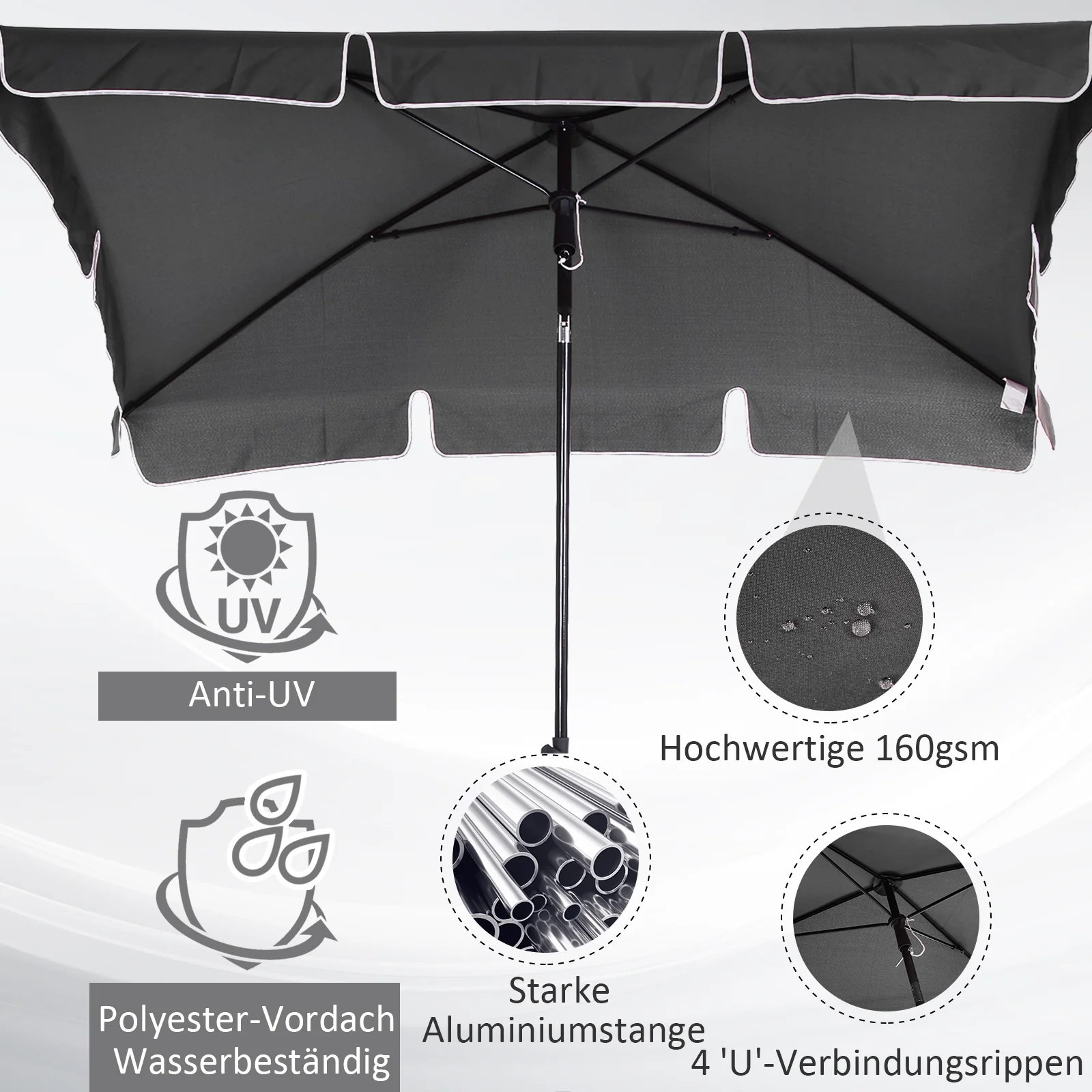 Parasol/Umbrella, Foldable Sunshade for Beach/Garden/Balcony, Grey - Image 6