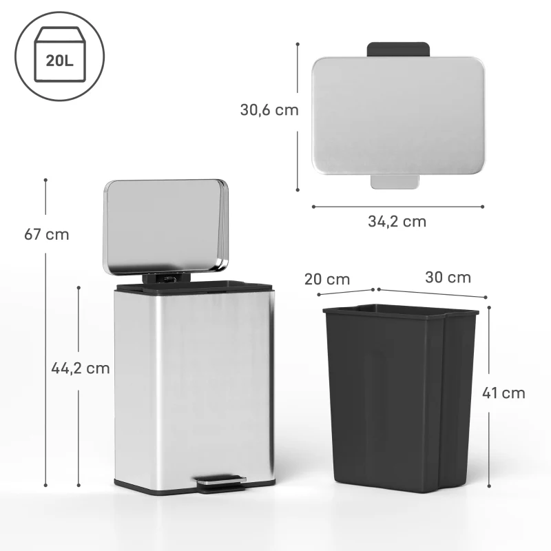 Pedal Bin 20L Soft-Close Lid Removable Inner Bucket - Silver - Image 3