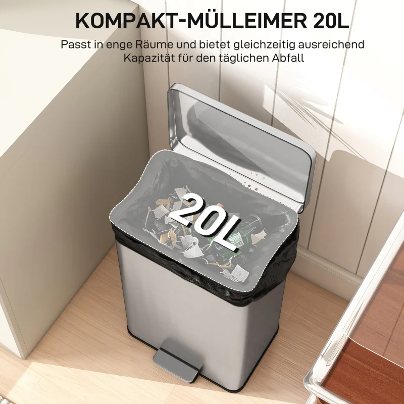 Pedal Bin 20L Soft-Close Lid Removable Inner Bucket - Silver - Image 4