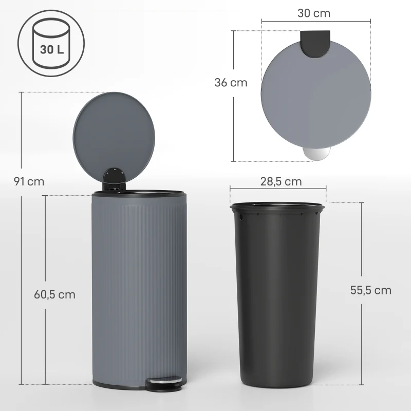 Pedal Bin 30L Soft-Close Metal Inner Bucket - Dark Grey - Image 3