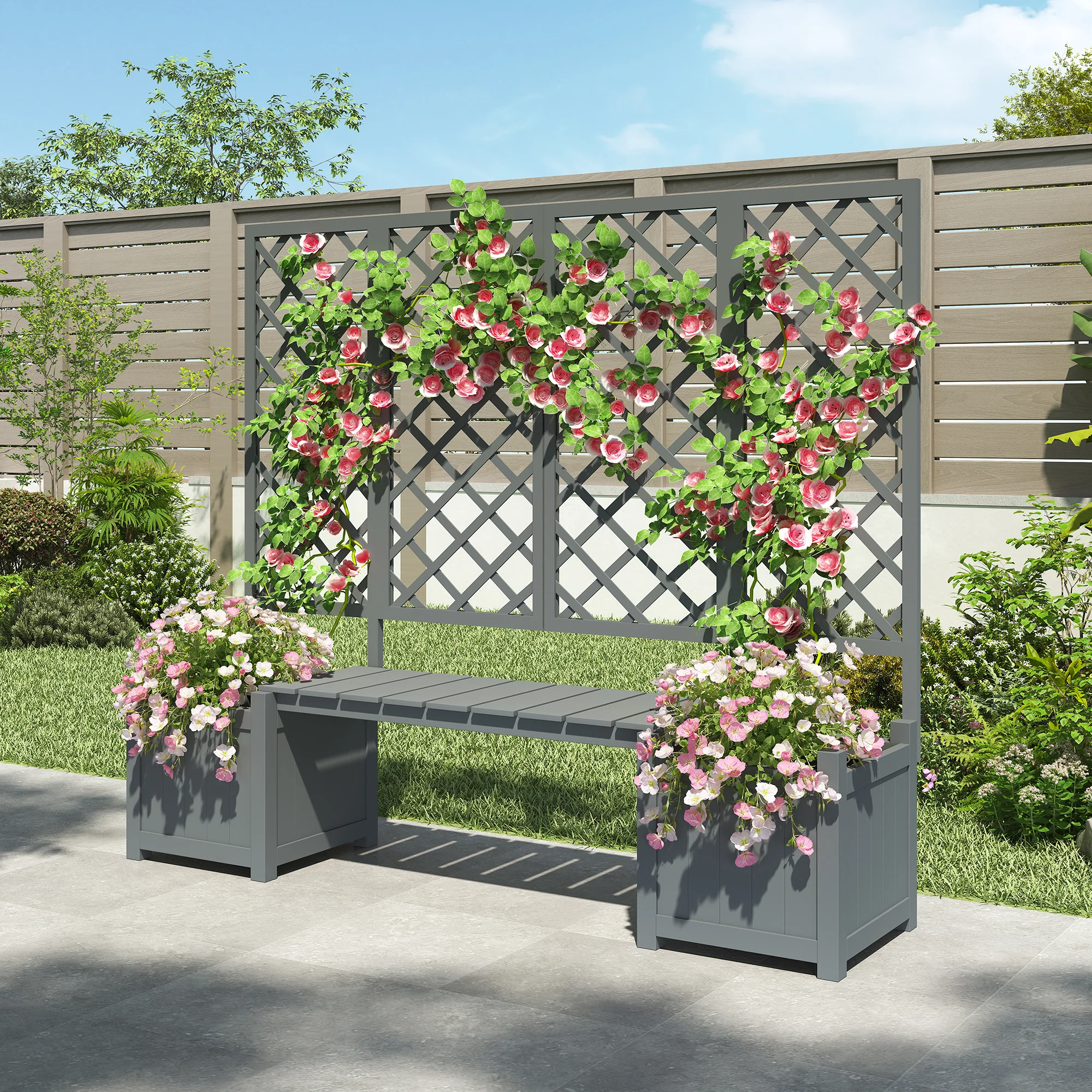 Planter Box with Trellis and Seating - Solid Grey Fir - Image 2