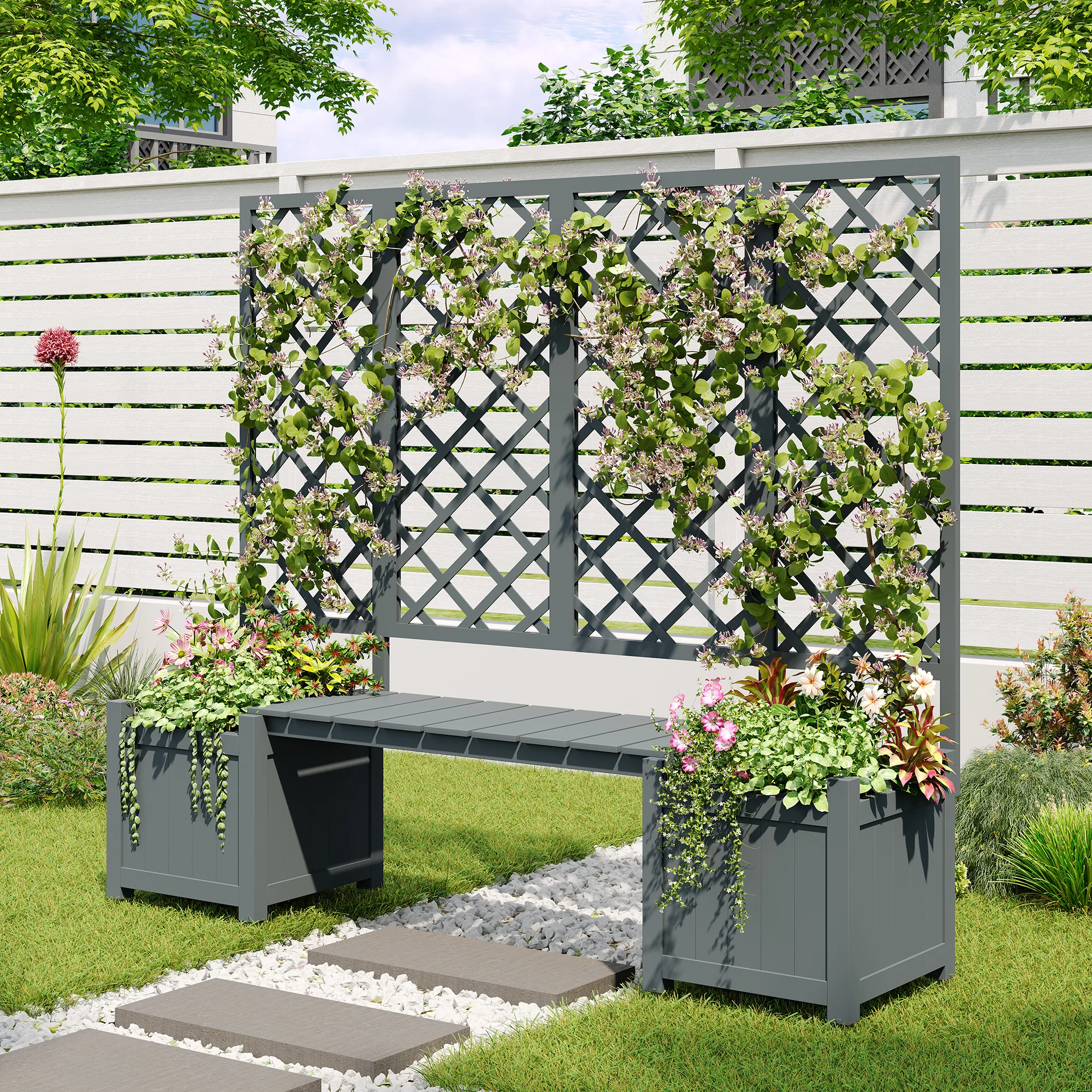 Planter Box with Trellis and Seating - Solid Grey Fir - Image 5