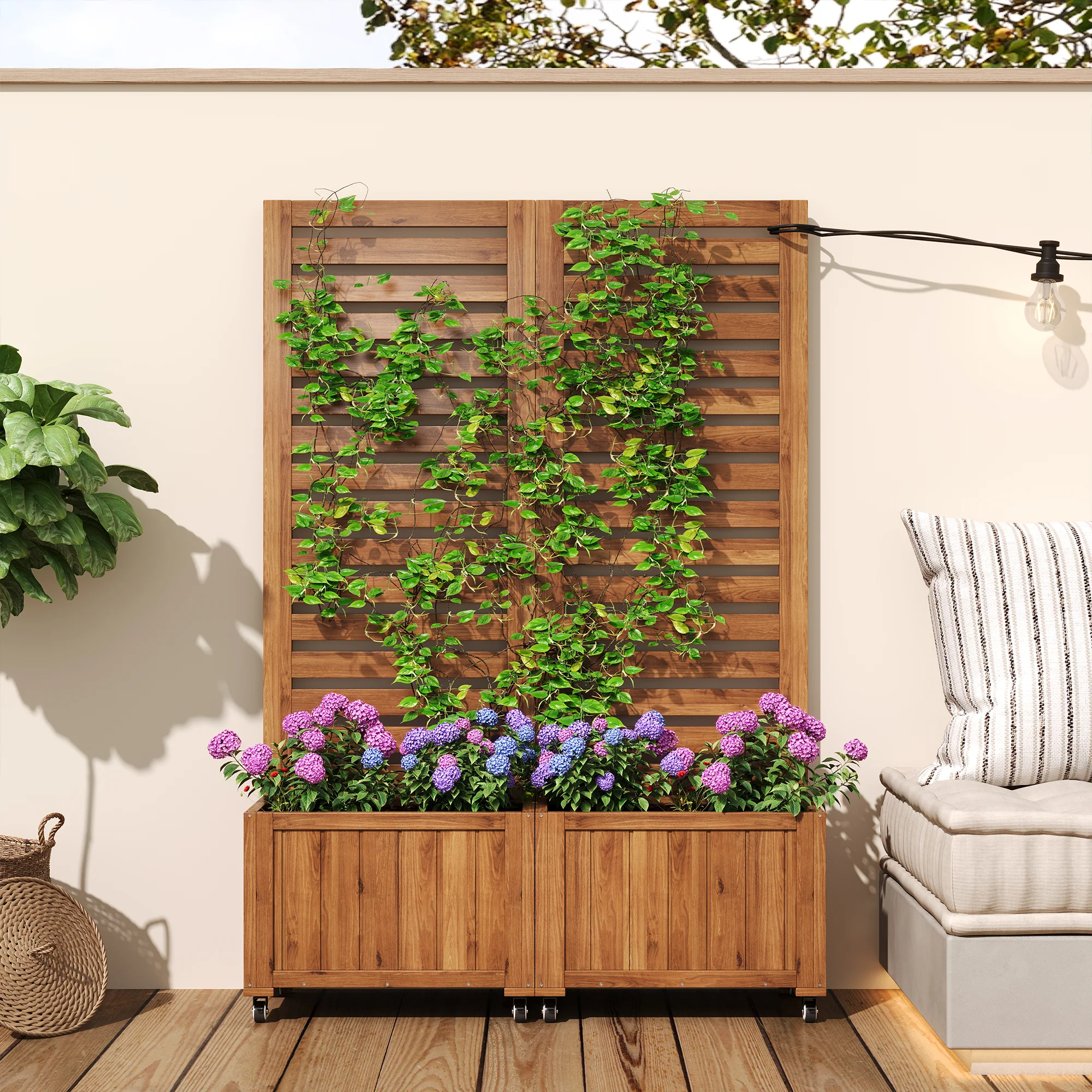 Planter Box with Trellis & Folding Wheels - Brown Solid Wood - Image 4