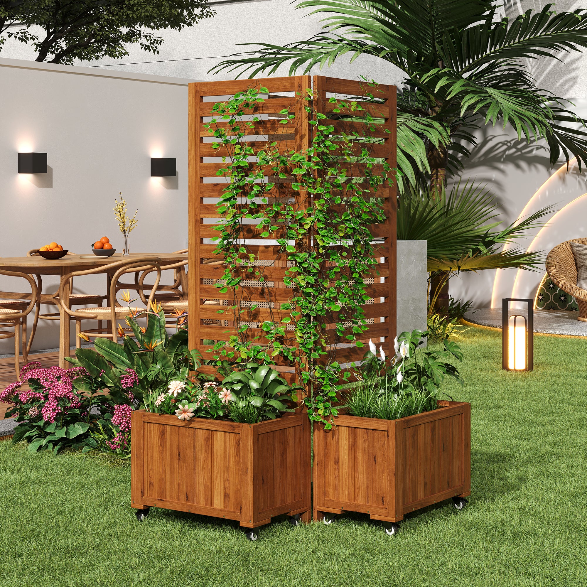 Planter Box with Trellis & Folding Wheels - Brown Solid Wood - Image 7