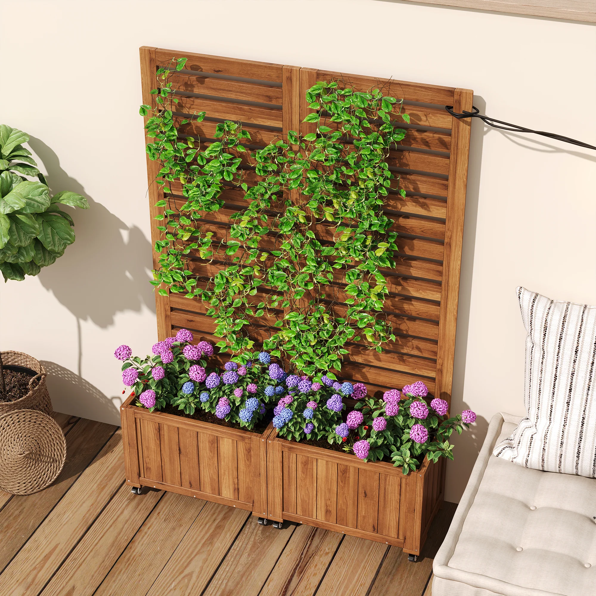 Planter Box with Trellis & Folding Wheels - Brown Solid Wood - Image 8