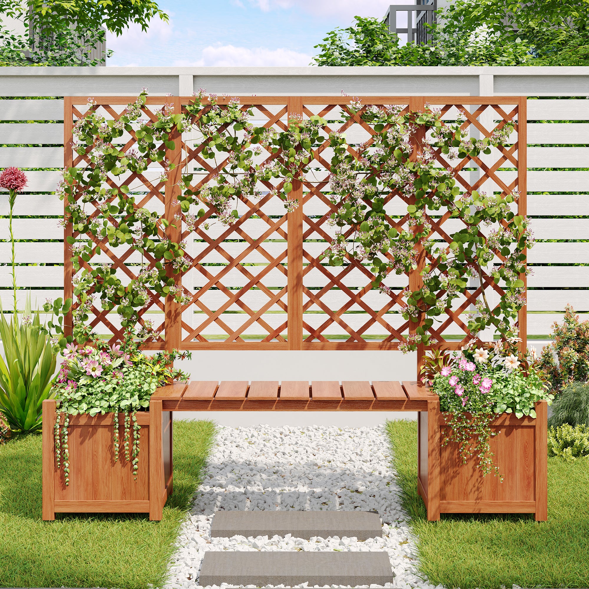 Planter Box with Trellis, Seat & Storage - Brown Solid Fir Wood - Image 10