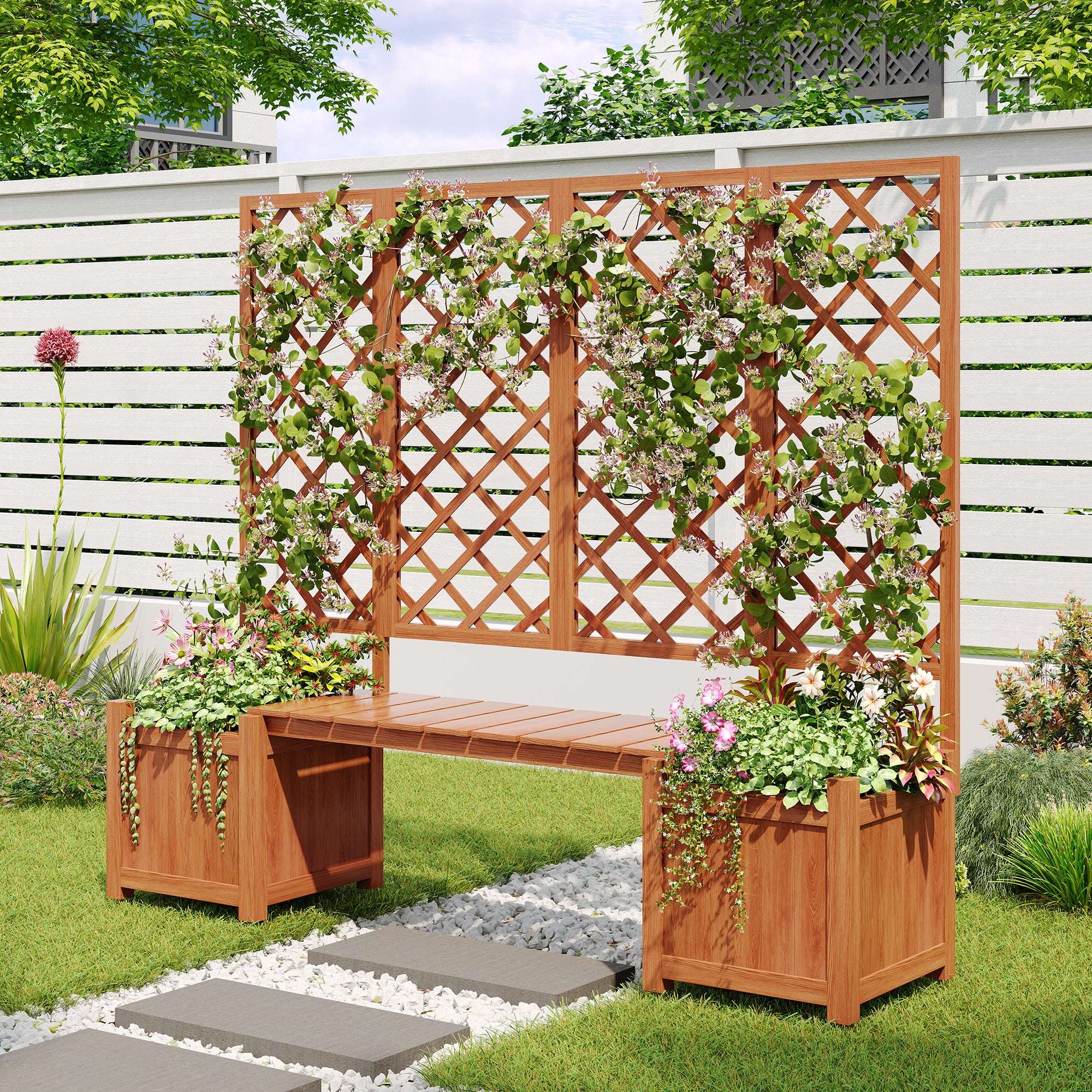 Planter Box with Trellis, Seat & Storage - Brown Solid Fir Wood - Image 2