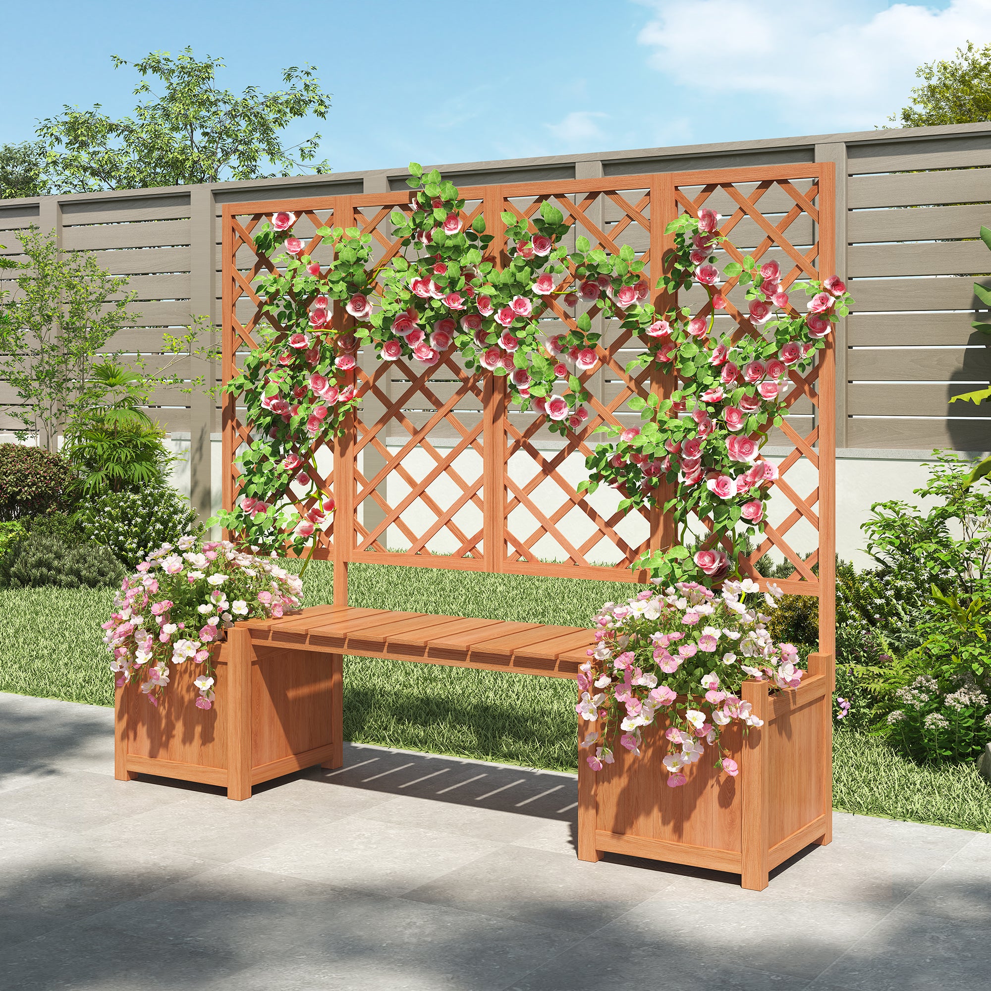 Planter Box with Trellis, Seat & Storage - Brown Solid Fir Wood - Image 3