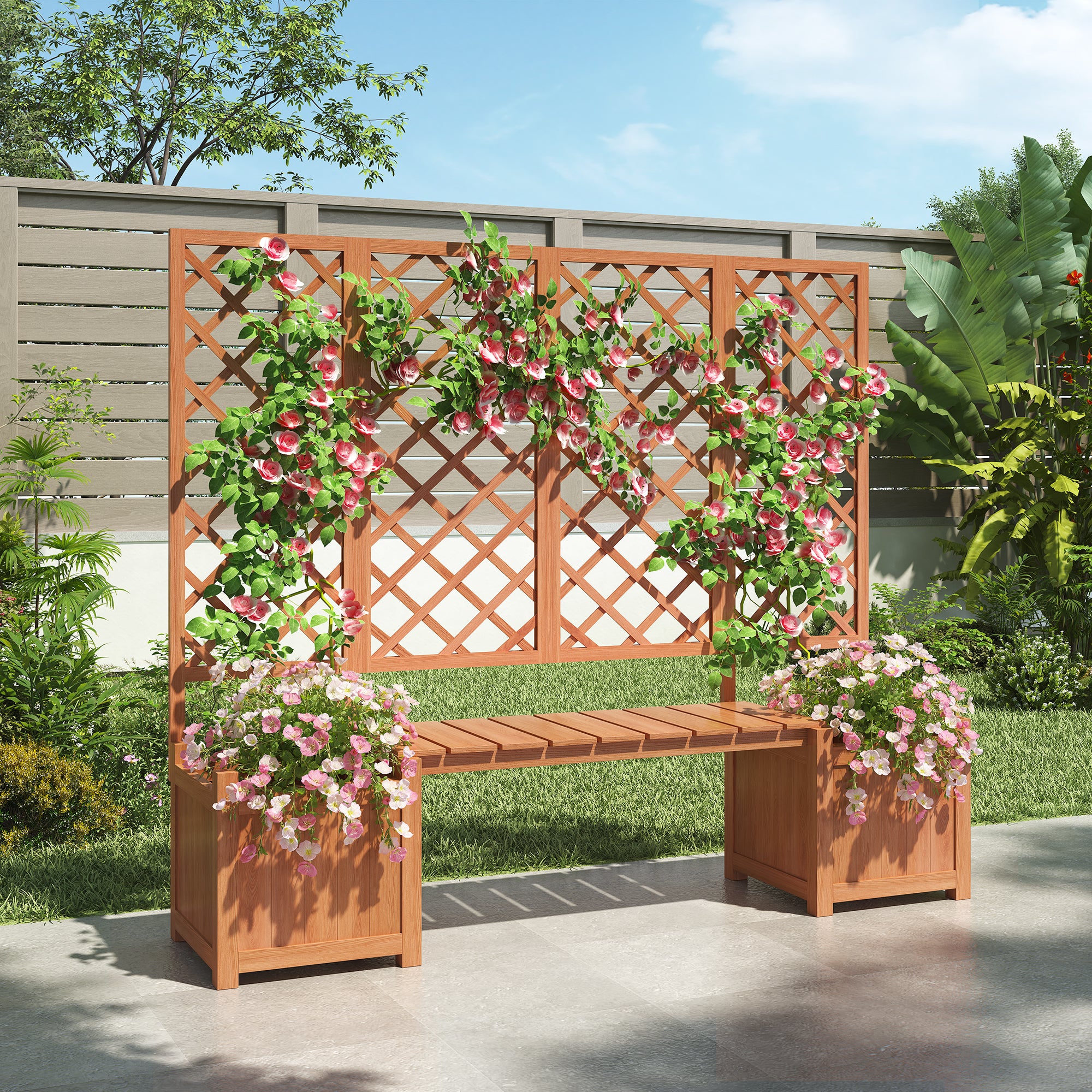Planter Box with Trellis, Seat & Storage - Brown Solid Fir Wood - Image 4