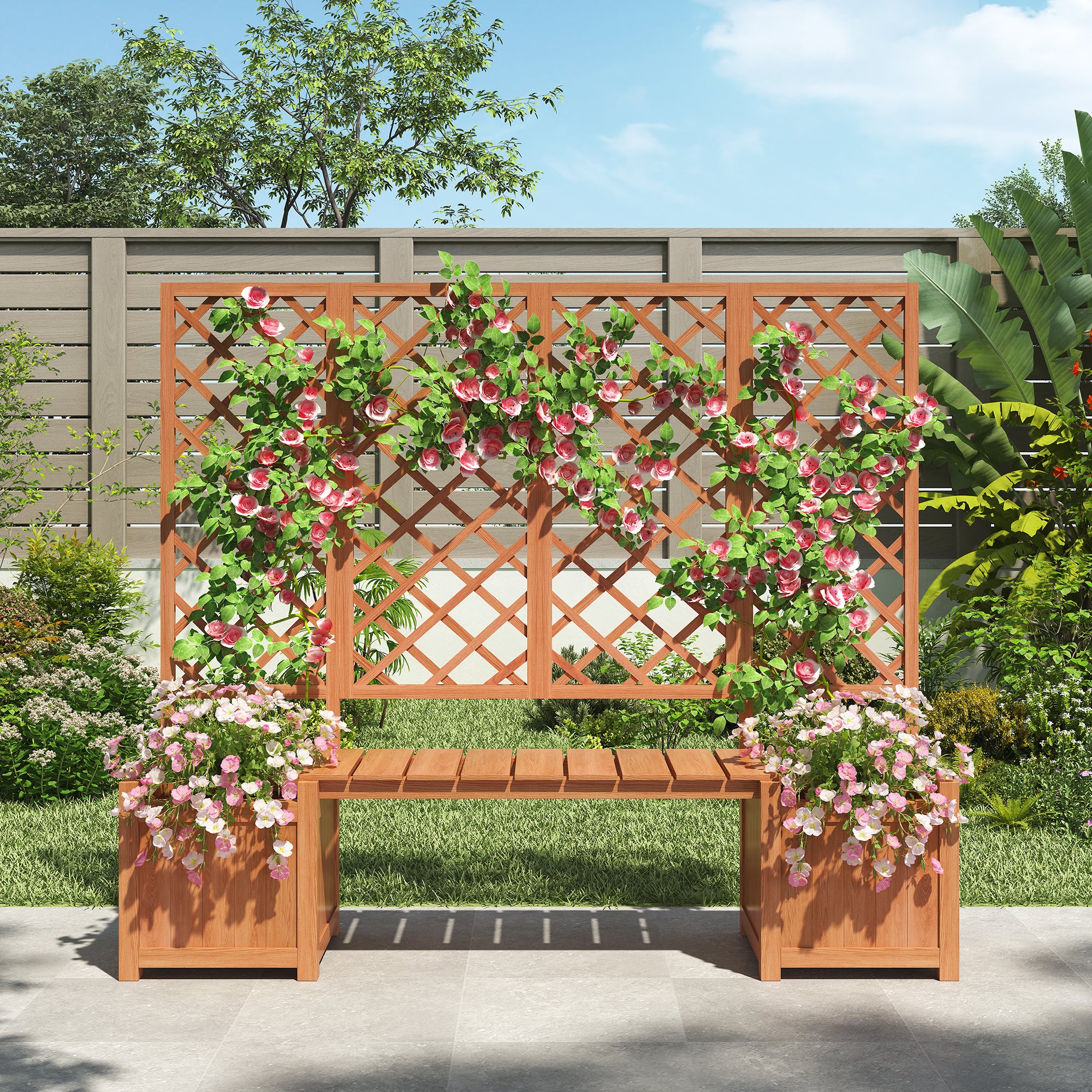 Planter Box with Trellis, Seat & Storage - Brown Solid Fir Wood - Image 5