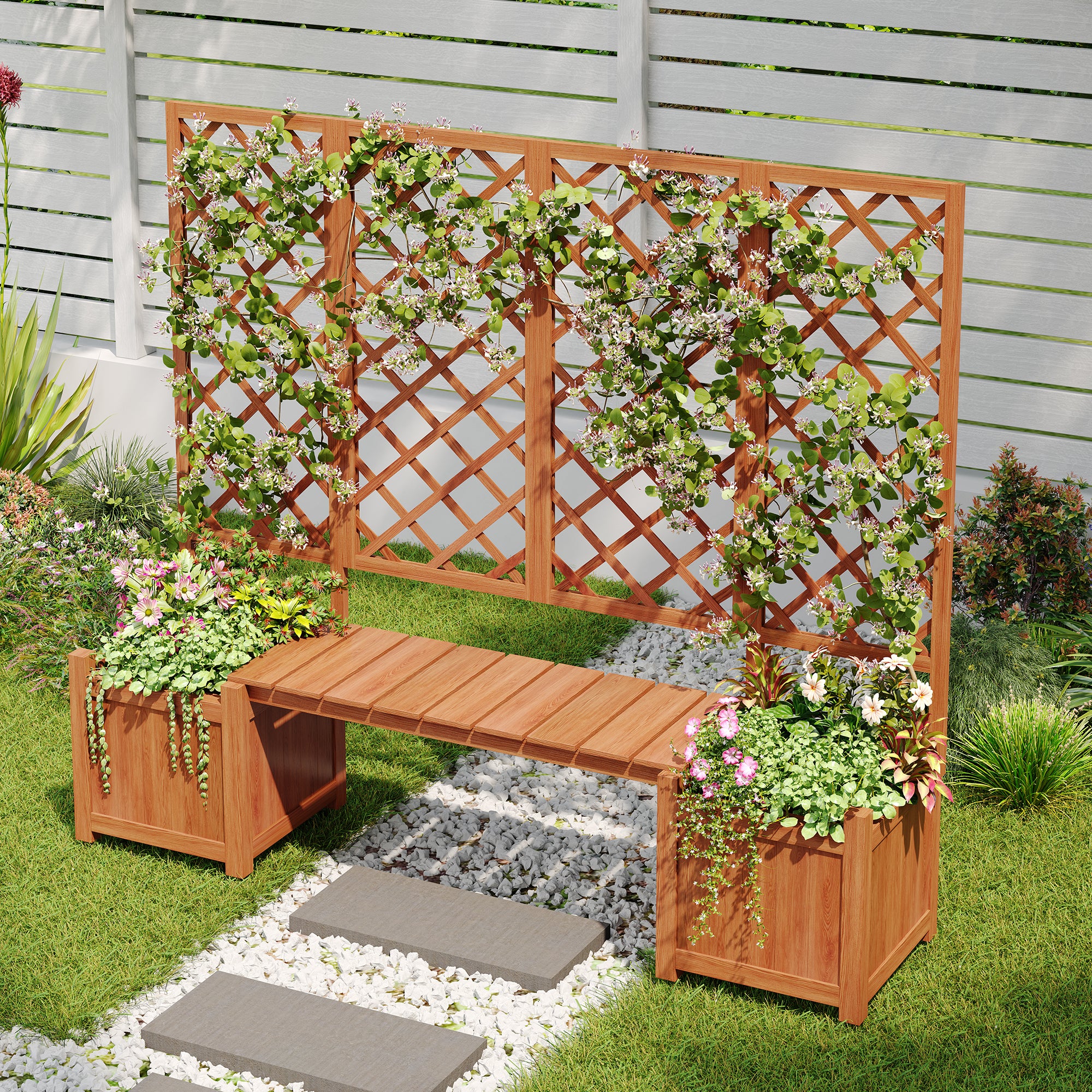 Planter Box with Trellis, Seat & Storage - Brown Solid Fir Wood - Image 7