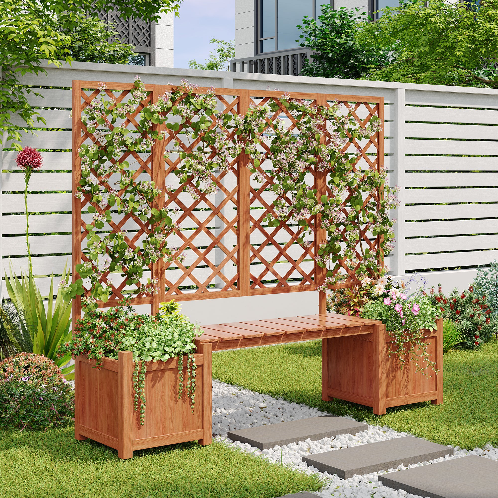 Planter Box with Trellis, Seat & Storage - Brown Solid Fir Wood - Image 8