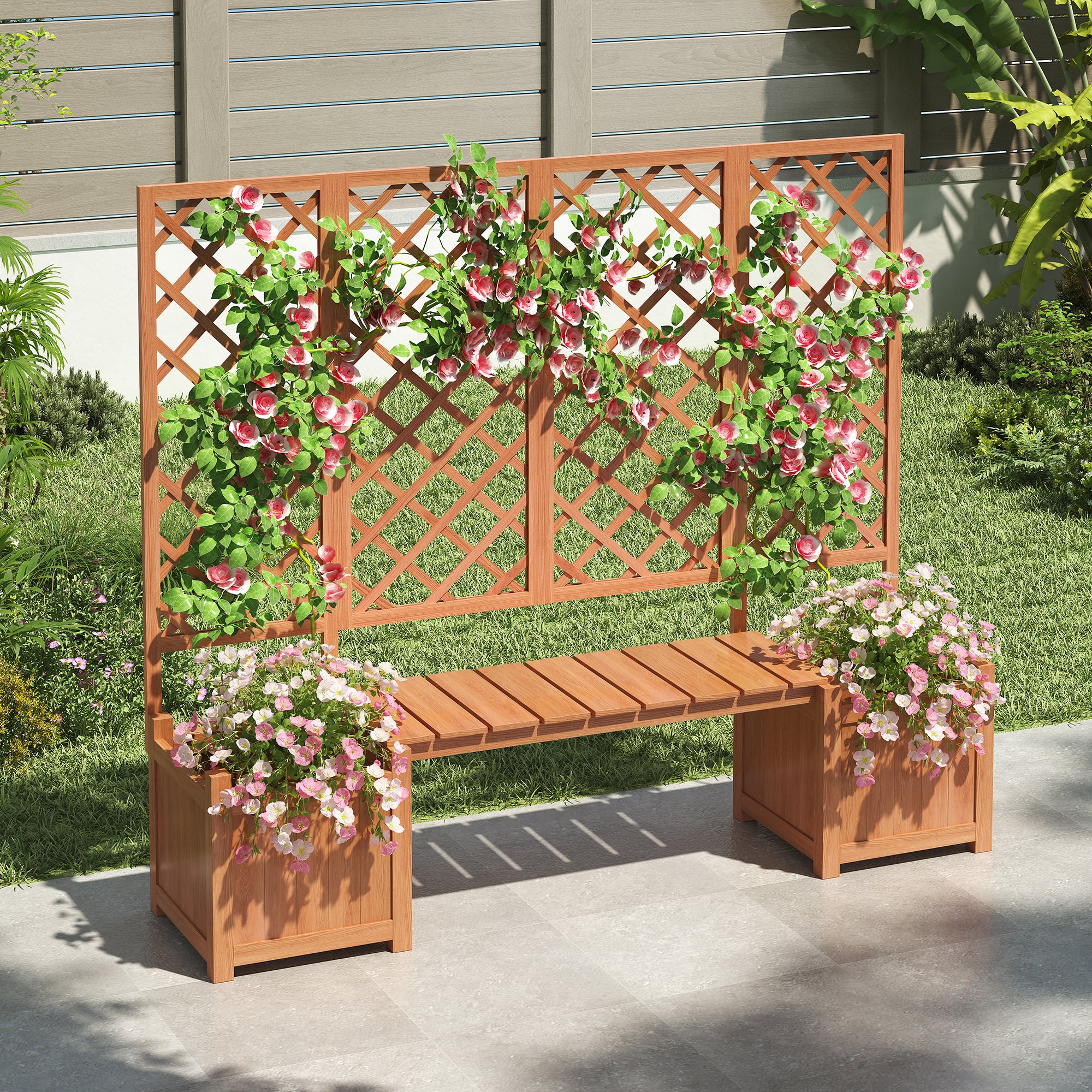 Planter Box with Trellis, Seat & Storage - Brown Solid Fir Wood - Image 9