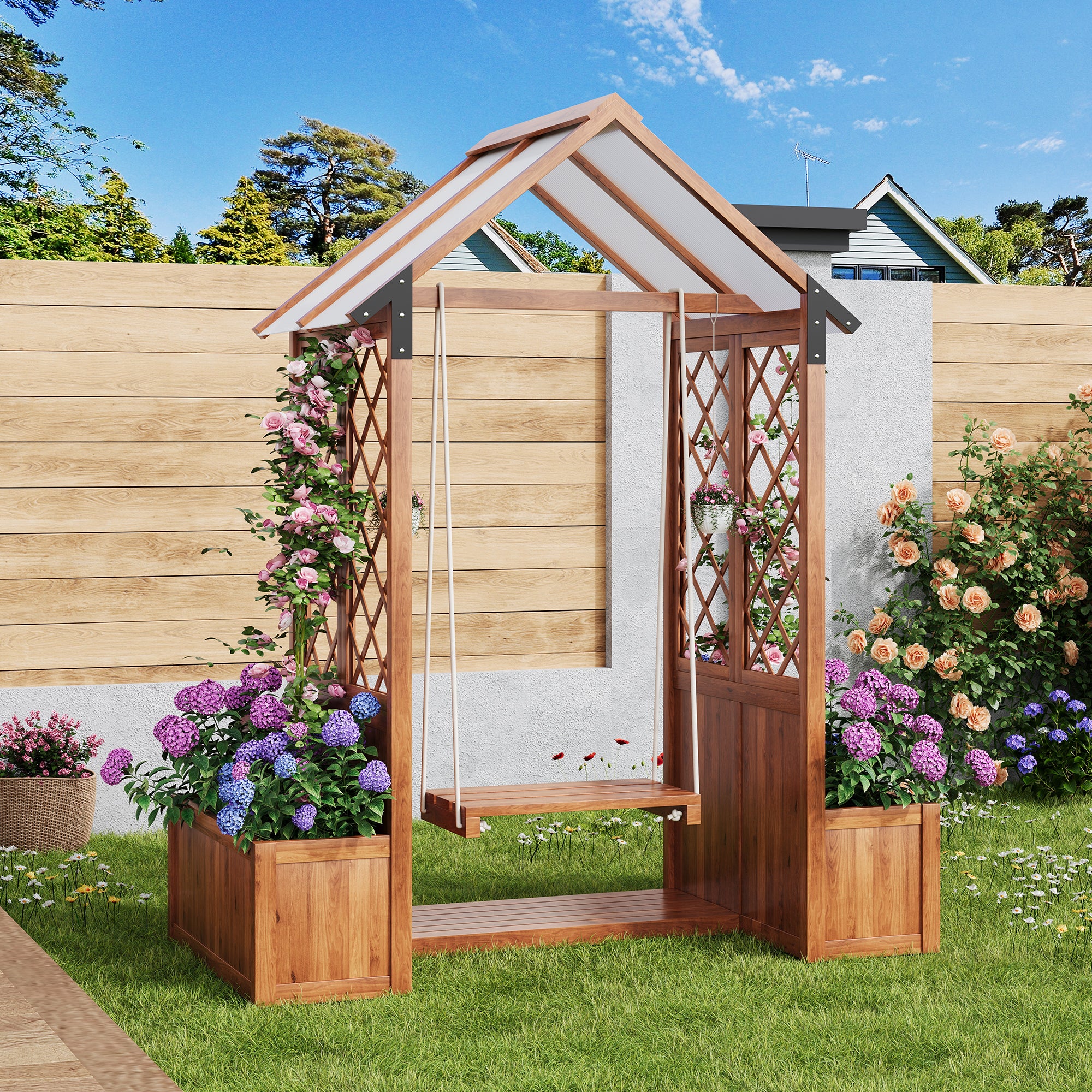 Planter with Trellis and Sunroof, Brown Solid Wood - Image 2