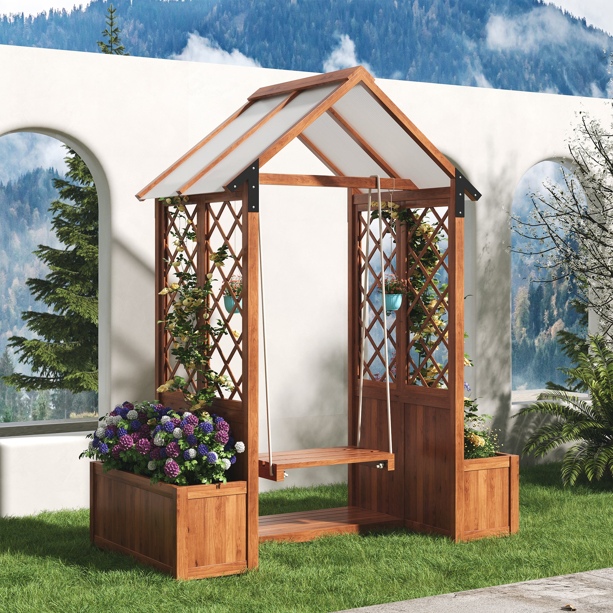 Planter with Trellis and Sunroof, Brown Solid Wood - Image 4