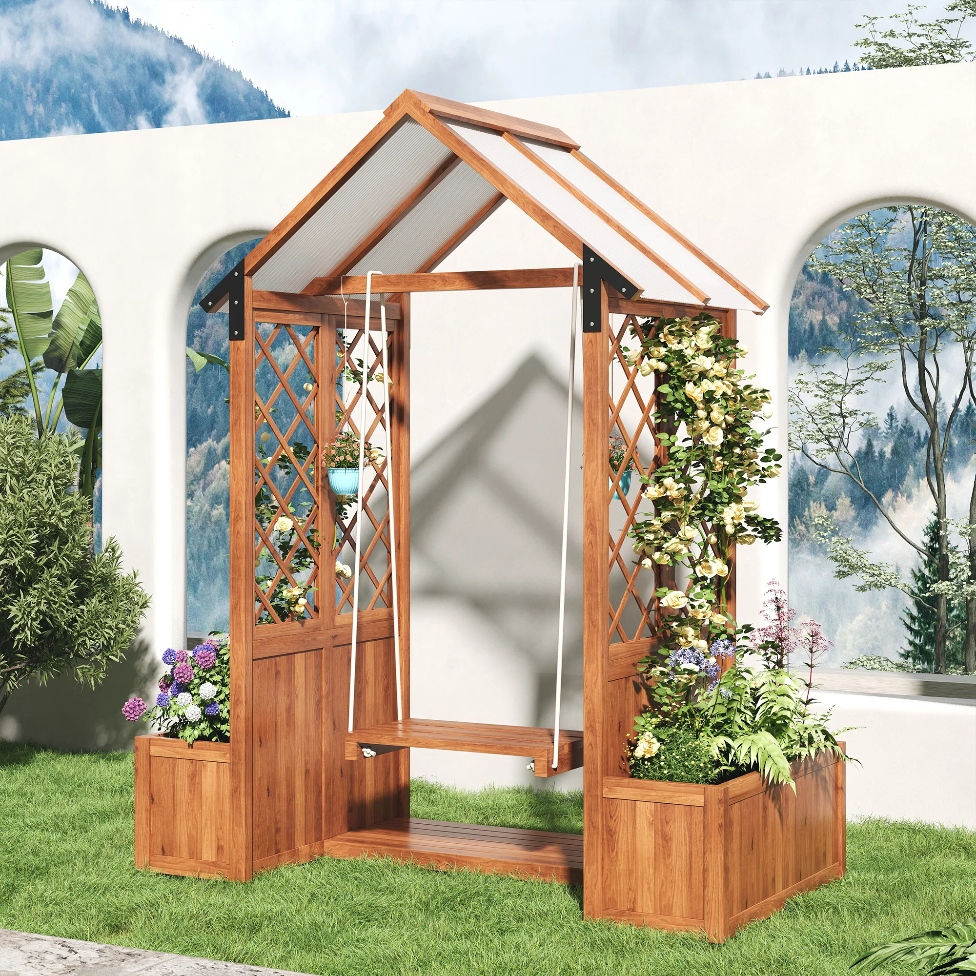 Planter with Trellis and Sunroof, Brown Solid Wood - Image 5