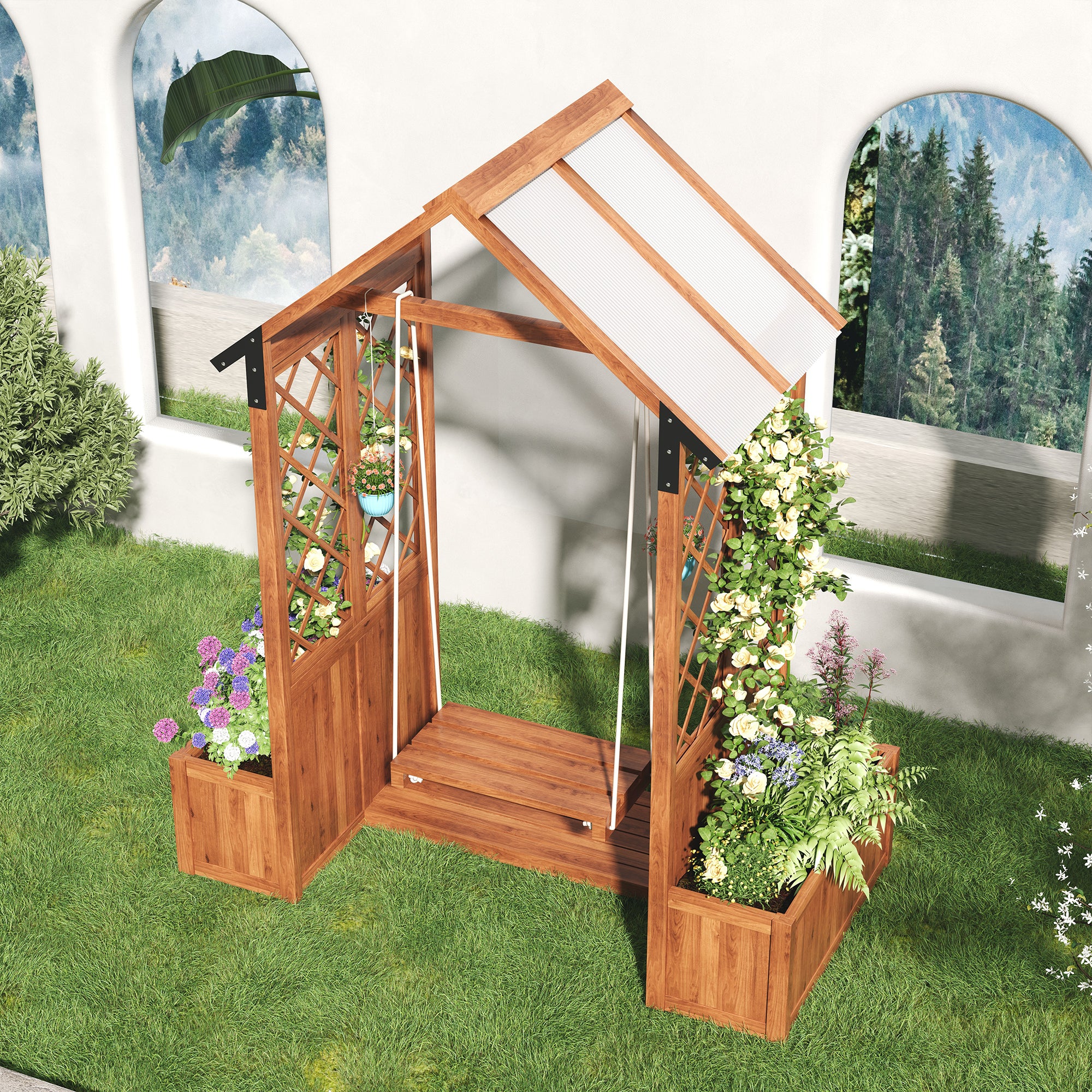 Planter with Trellis and Sunroof, Brown Solid Wood - Image 8