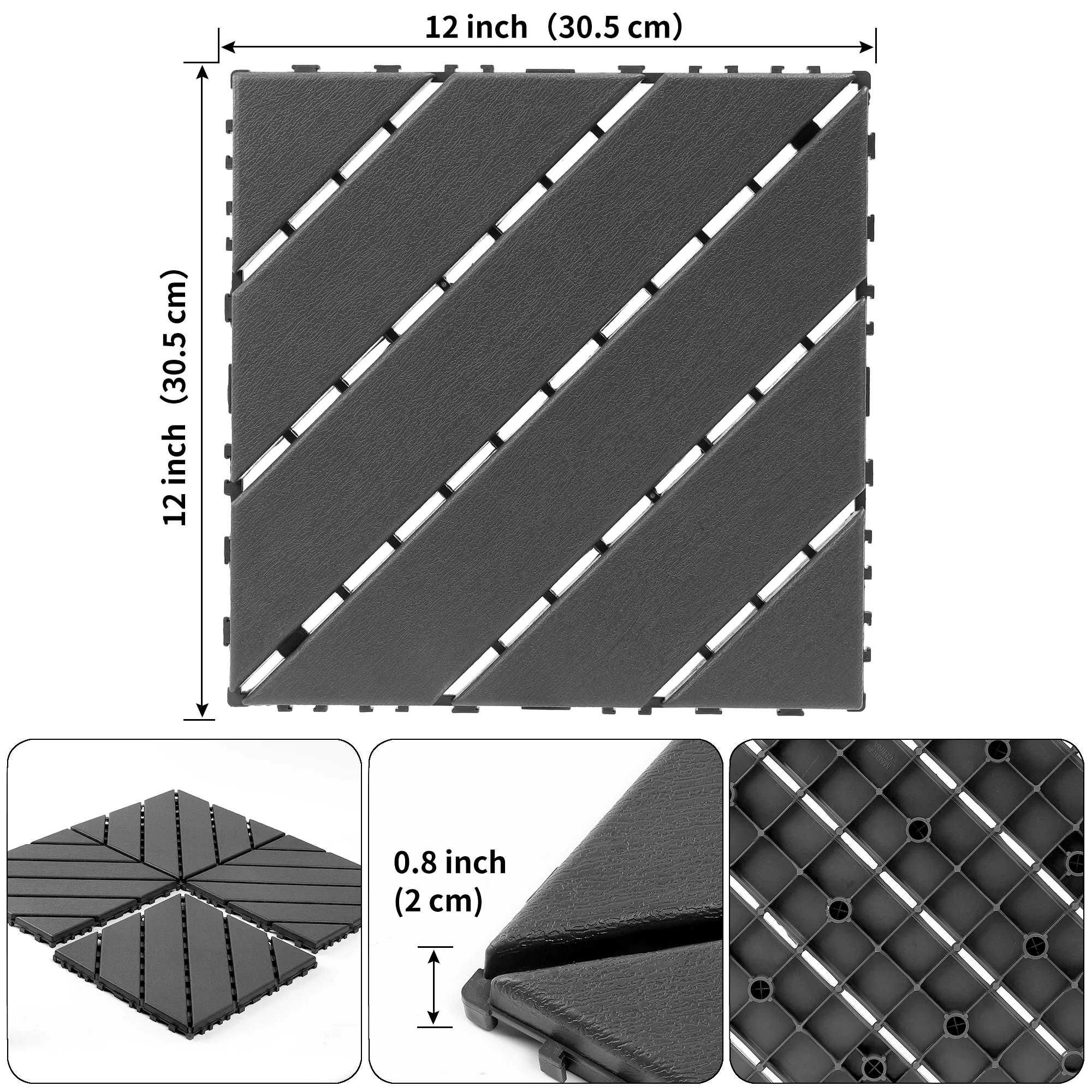 Plastic Interlocking Deck Tiles 44 Pack 12x12in Square Waterproof - Dark Grey - Image 4