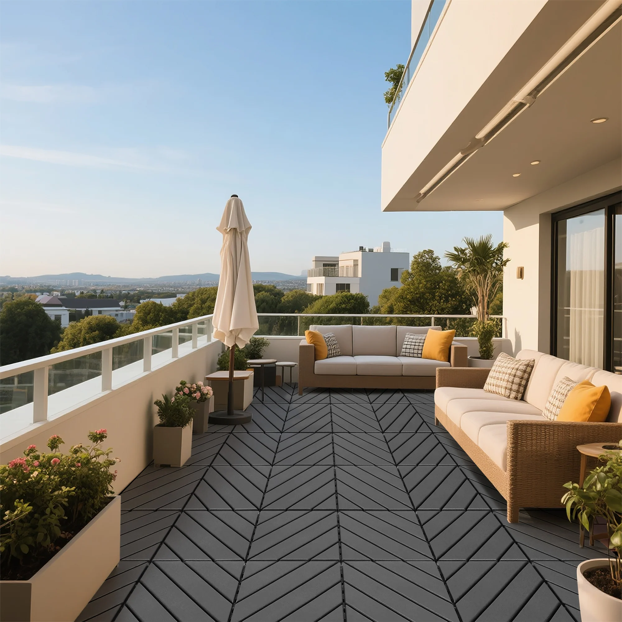 Plastic Interlocking Deck Tiles 44 Pack 12x12in Square Waterproof - Dark Grey - Image 9