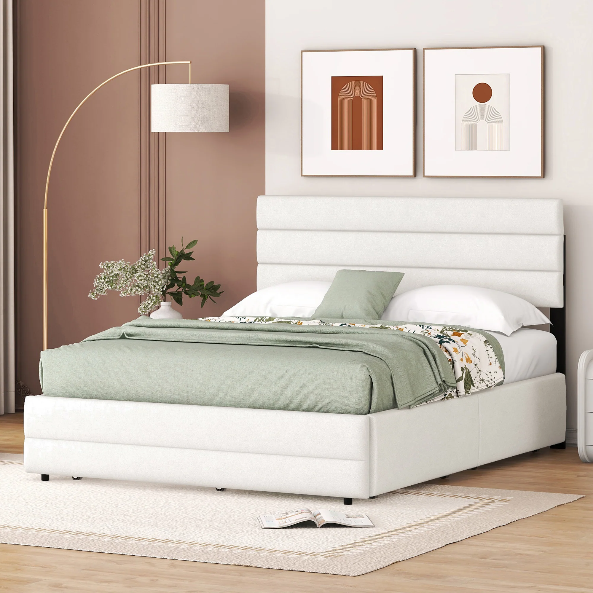 Platform Bed 140x200 with 2 Drawers - Beige - Image 3