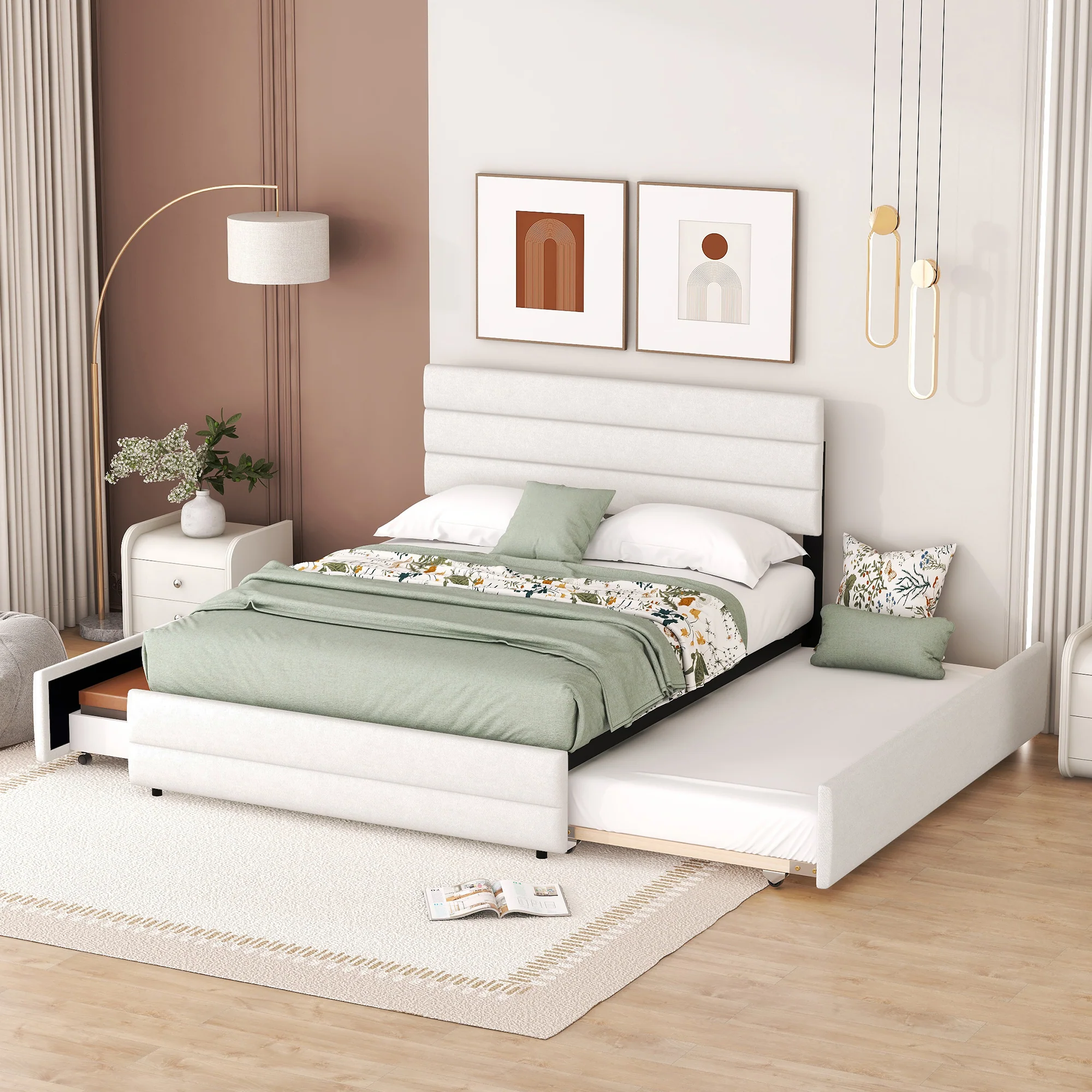Platform Bed 140x200 with 2 Drawers - Beige - Image 4