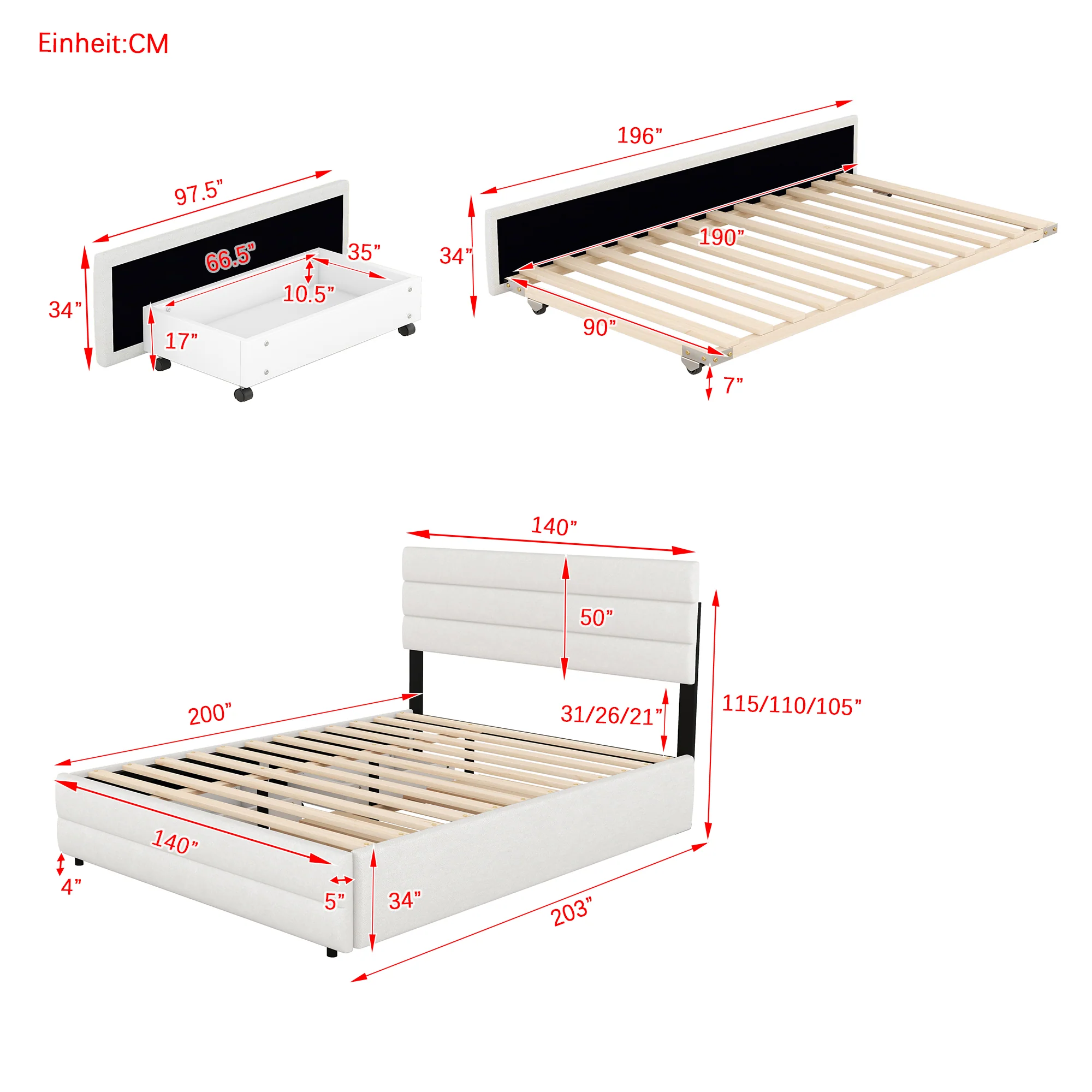 Platform Bed 140x200 with 2 Drawers - Beige - Image 6