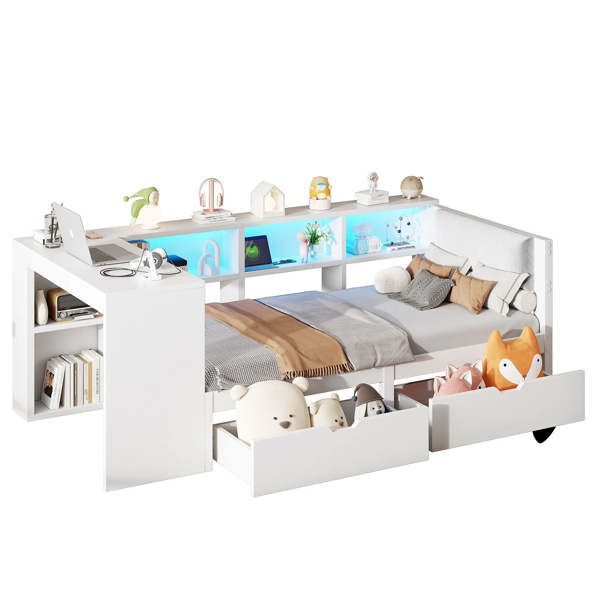 Platform Bed 90x200 Storage Drawers Shelves Upholstered Headboard LED - White - Image 5