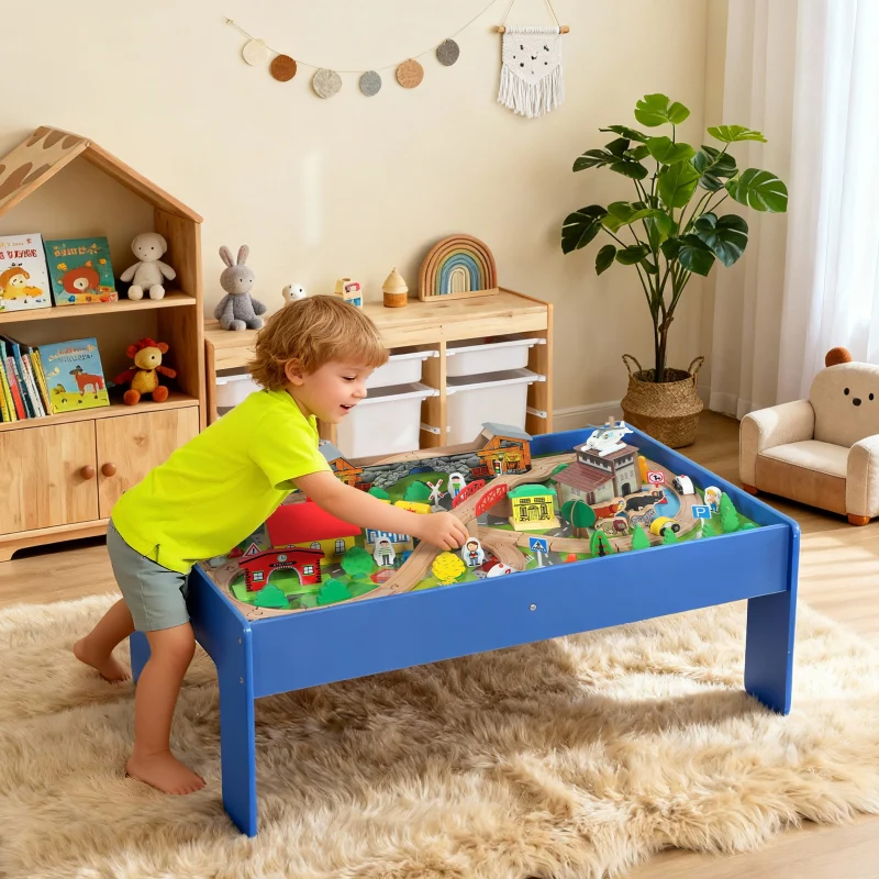 Play Table 108-Piece Wooden Train Set Removable Tabletop - Blue - Image 2