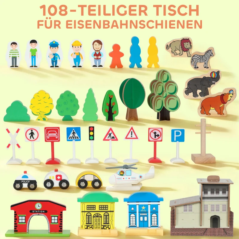 Play Table 108-Piece Wooden Train Set Removable Tabletop - Blue - Image 4
