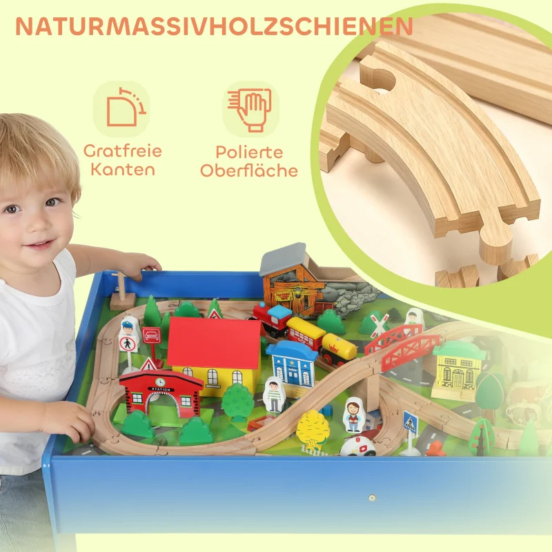 Play Table 108-Piece Wooden Train Set Removable Tabletop - Blue - Image 5
