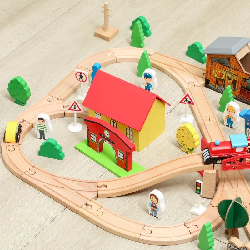 Play Table 108-Piece Wooden Train Set Removable Tabletop - Blue - Image 7