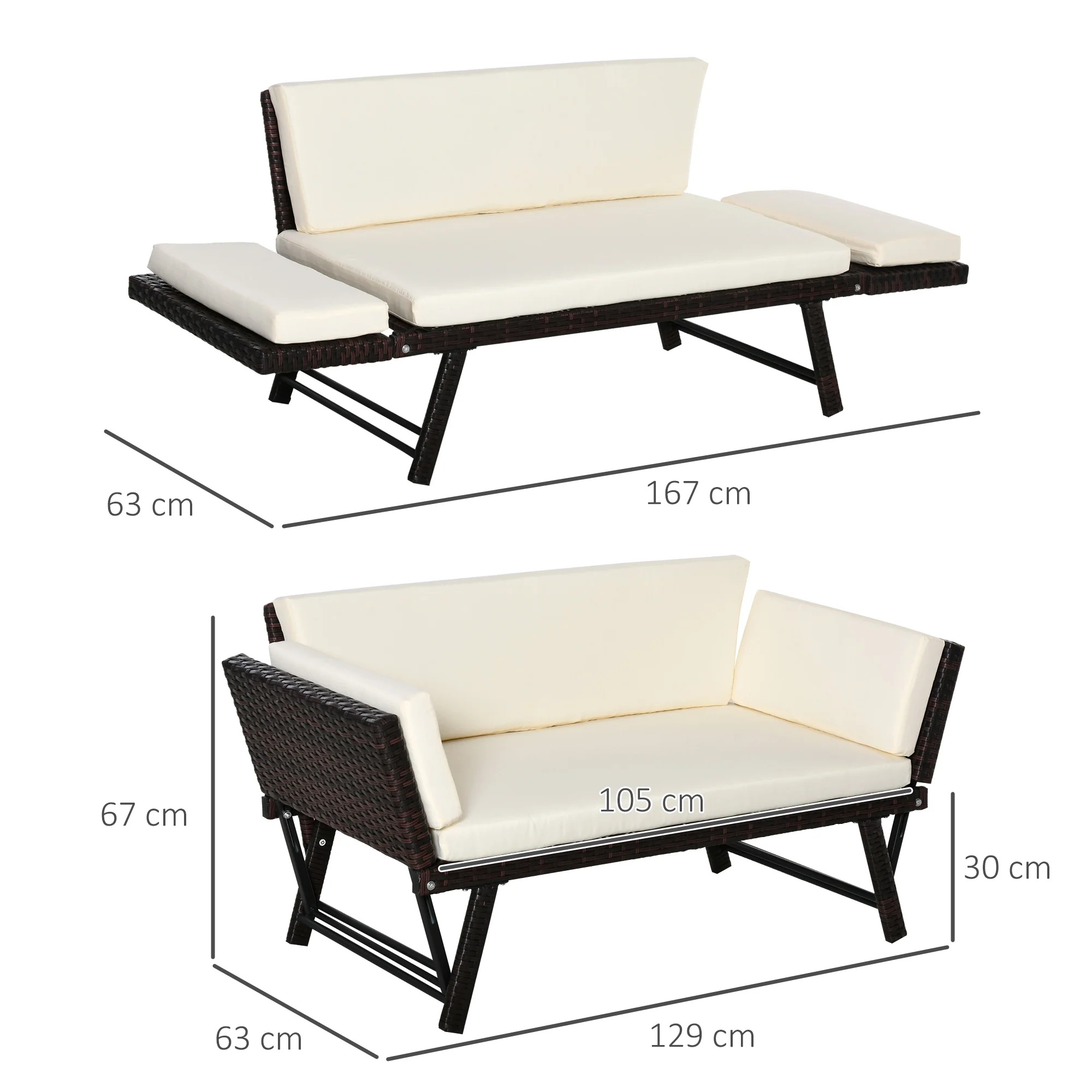 Polyrattan 2-Seater Folding Lounge Sofa with Armrests, Steel Brown - Image 3