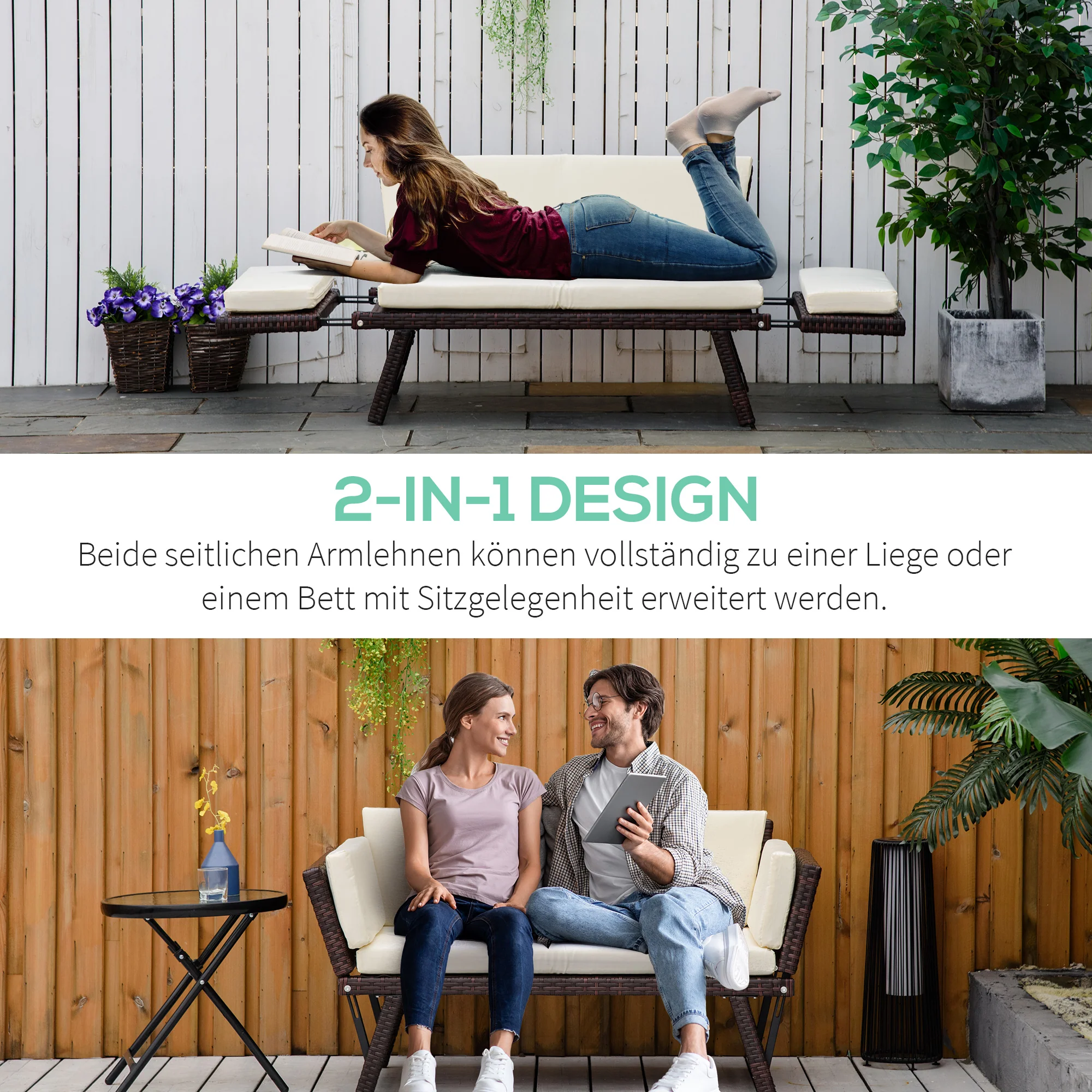 Polyrattan 2-Seater Folding Lounge Sofa with Armrests, Steel Brown - Image 4