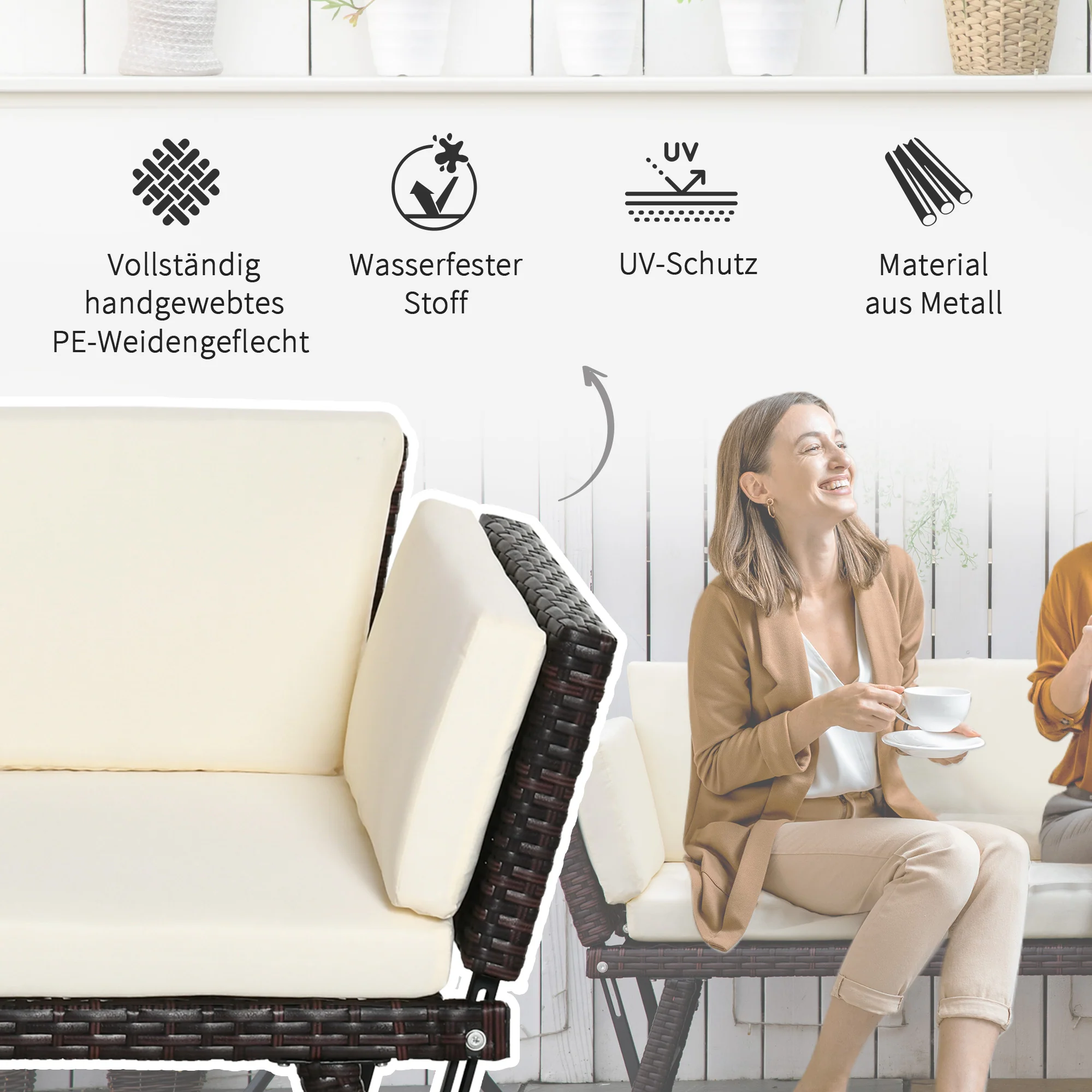 Polyrattan 2-Seater Folding Lounge Sofa with Armrests, Steel Brown - Image 5