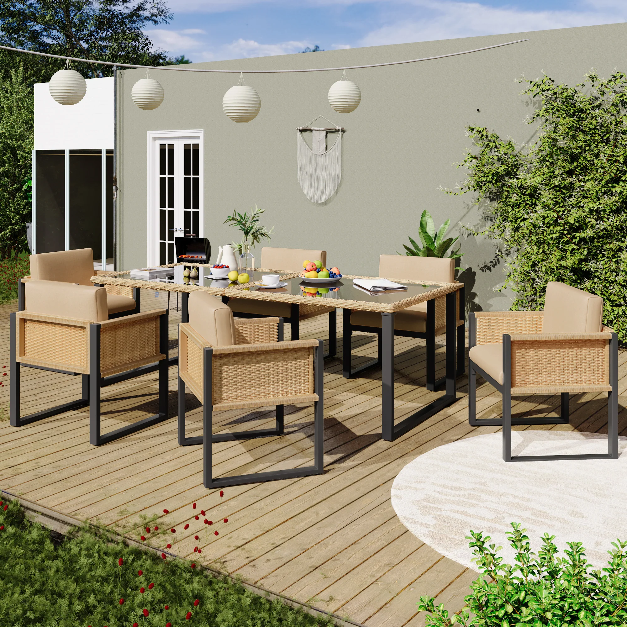 Polyrattan Dining Set 6-Person Armchairs Removable Covers - Image 3