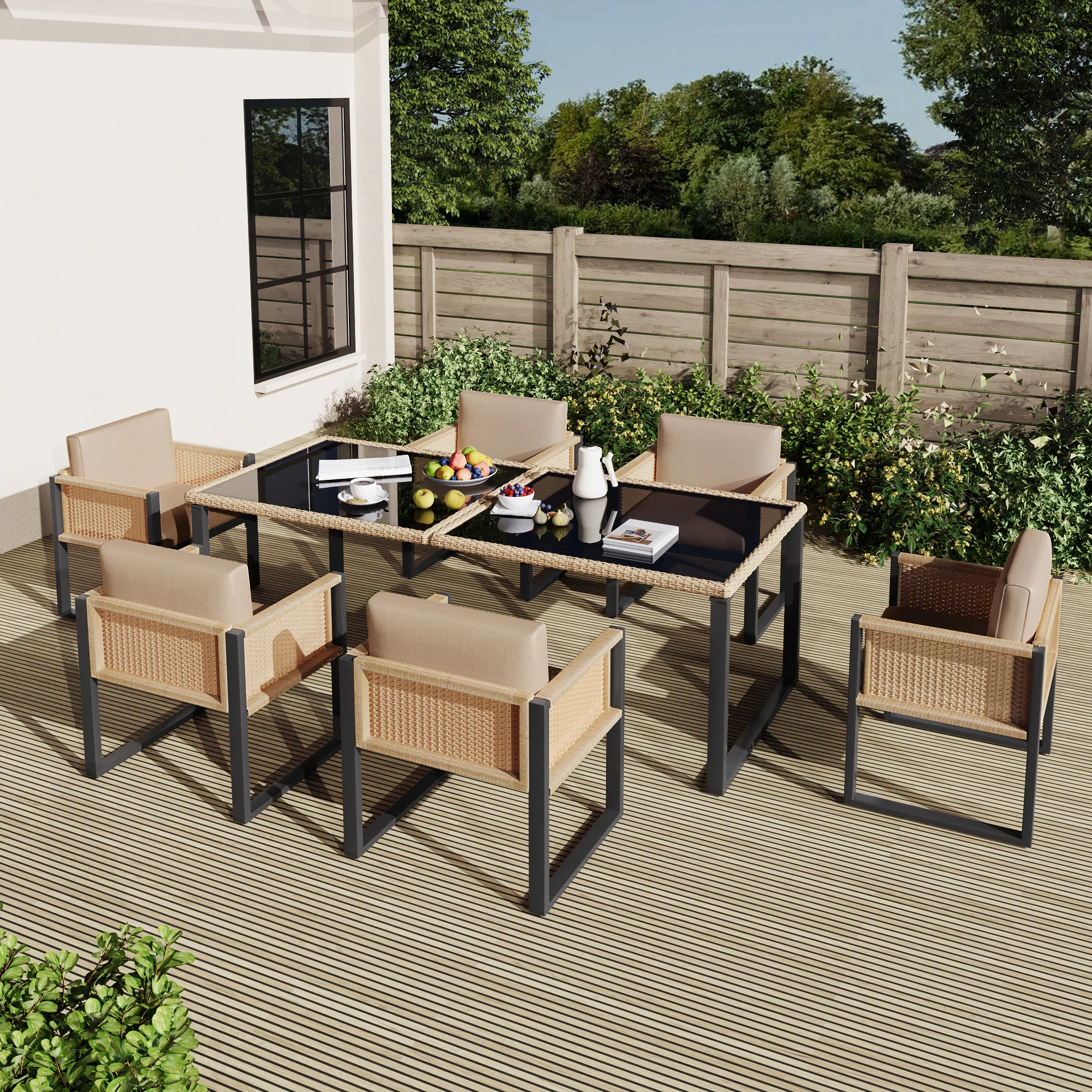 Polyrattan Dining Set 6-Person Armchairs Removable Covers - Image 4