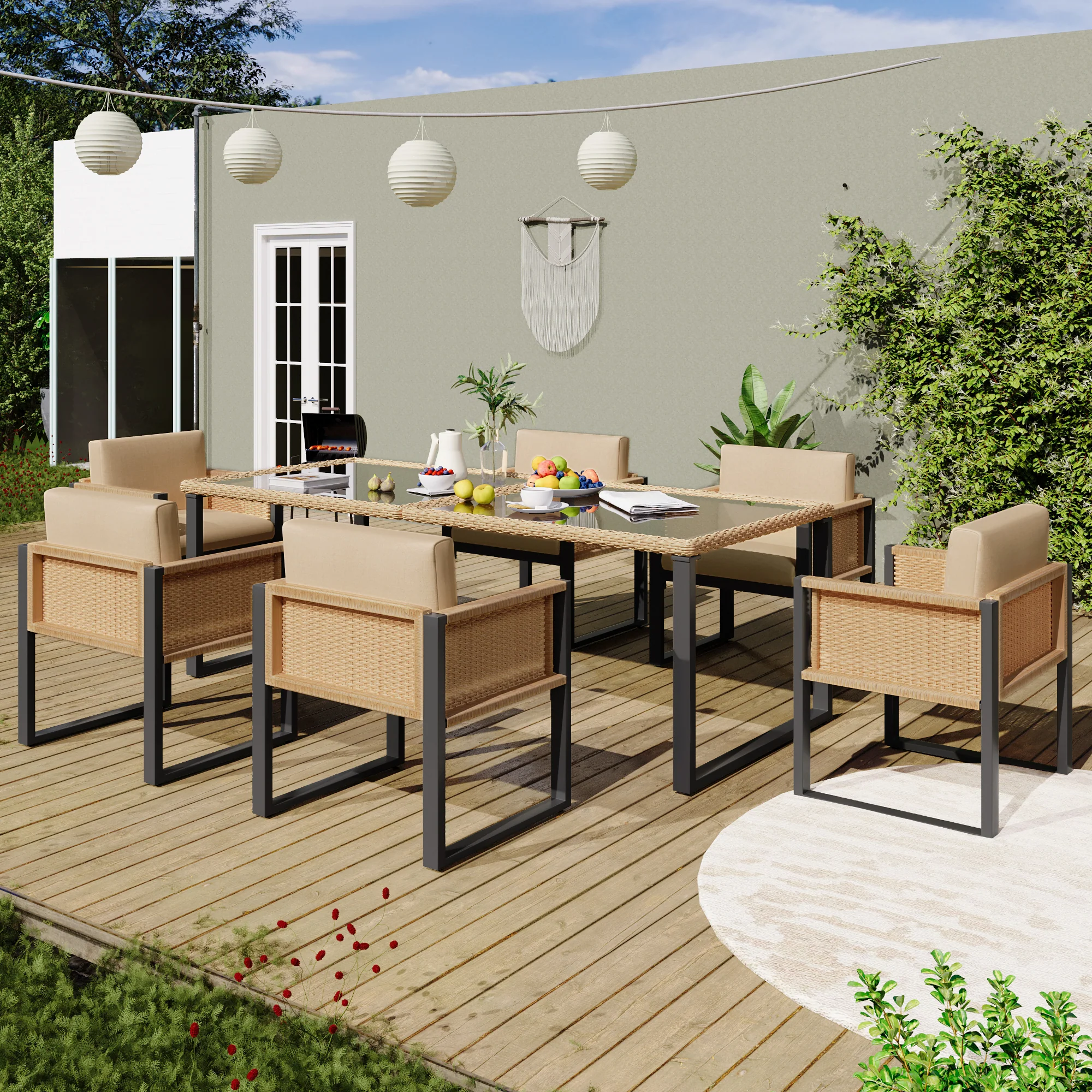 Polyrattan Dining Set 6-Person Armchairs Removable Covers - Image 5