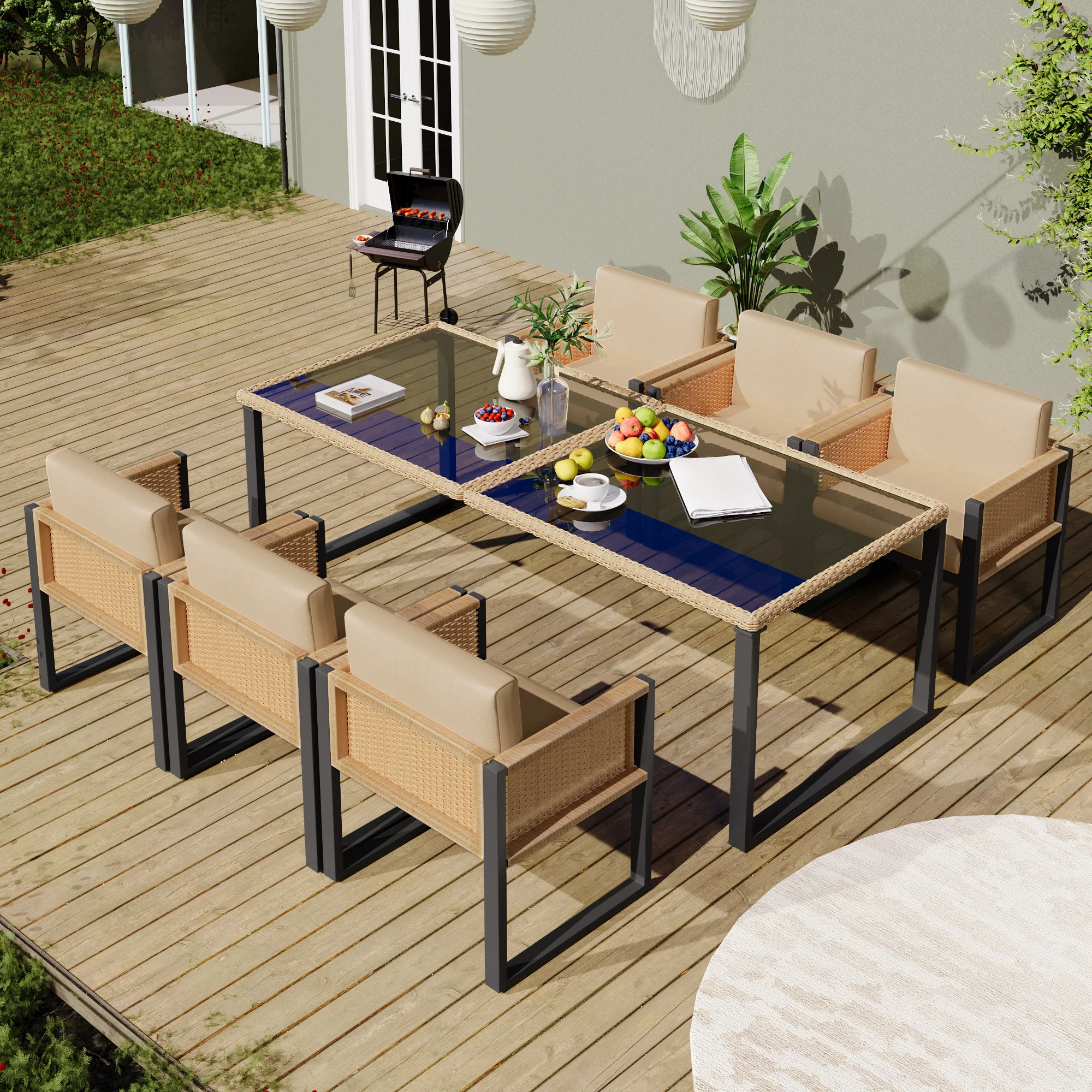 Polyrattan Dining Set 6-Person Armchairs Removable Covers - Image 6