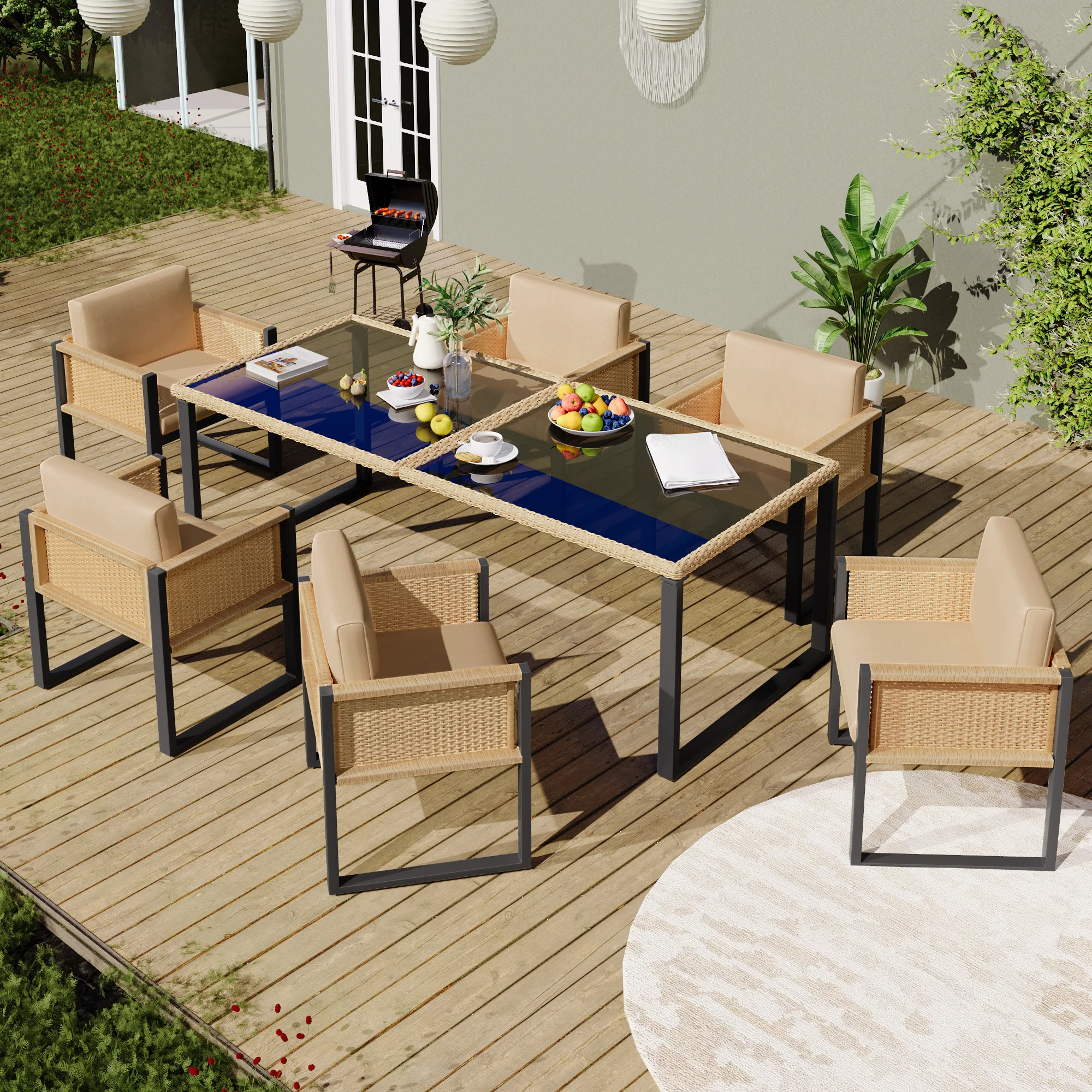 Polyrattan Dining Set 6-Person Armchairs Removable Covers - Image 7