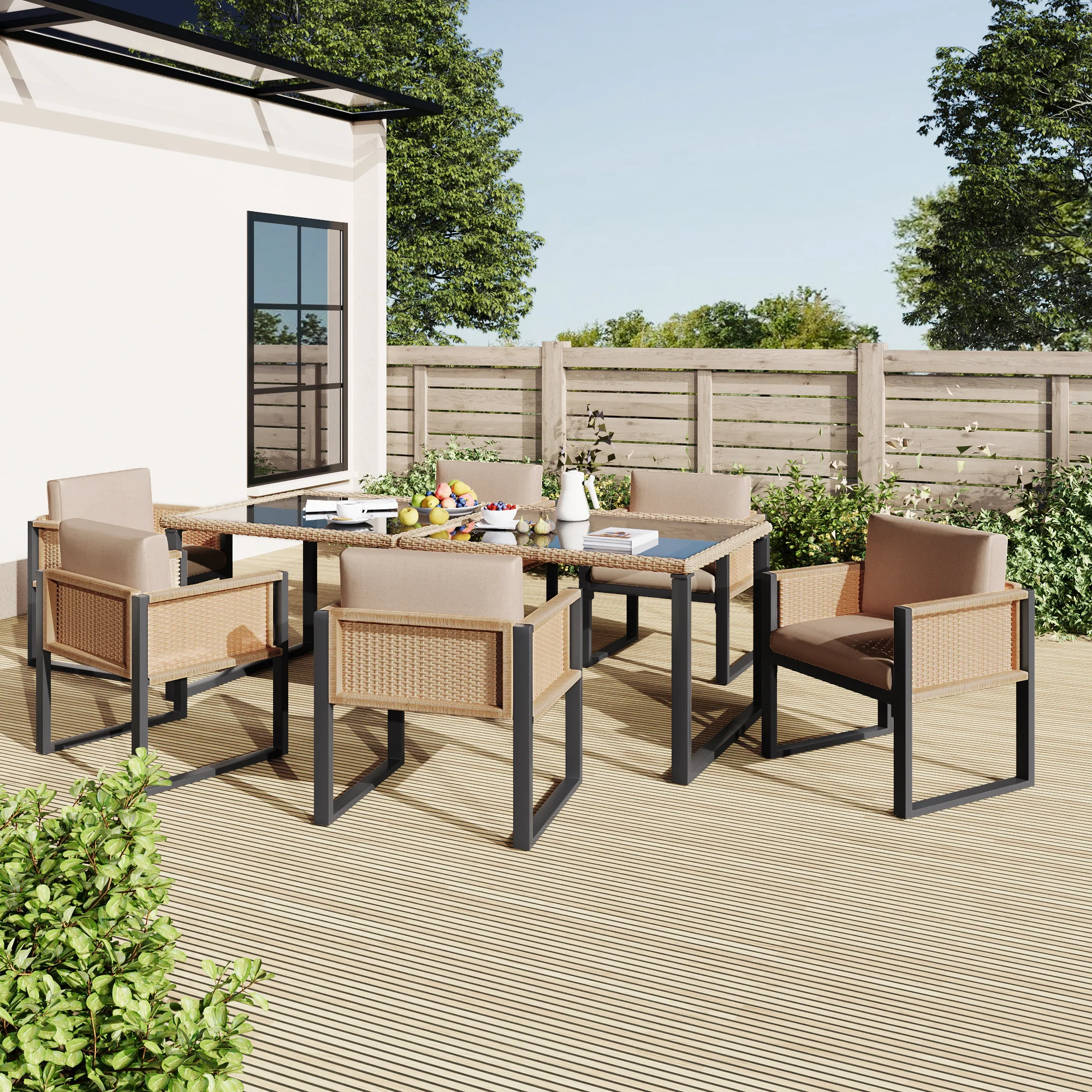 Polyrattan Dining Set 6-Person Armchairs Removable Covers - Image 8